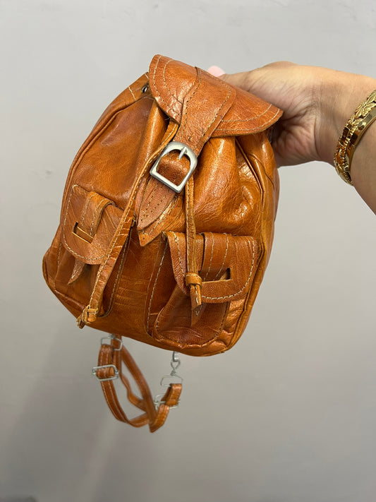 Tan Leather Mini Backpack Vintage Rucksack Bag