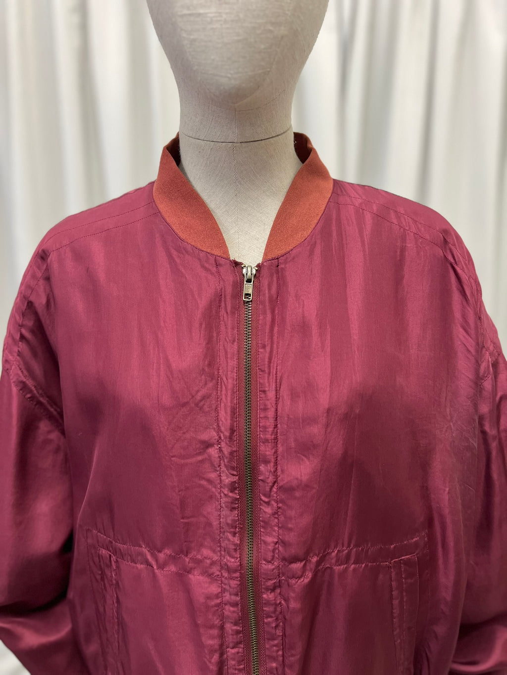 Vintage 1980s Maroon Pure Silk Bomber Jacket 100% Silk Vintage Burgundy Genuine Silk Lightweight Oversized Women's Jacket Size M
