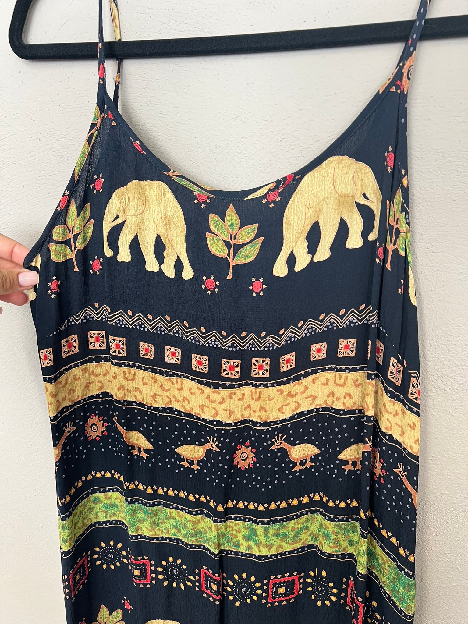 Strappy Summer Dress Vintage 90s Black Thai Print Lightweight Maxi Dress UK 8