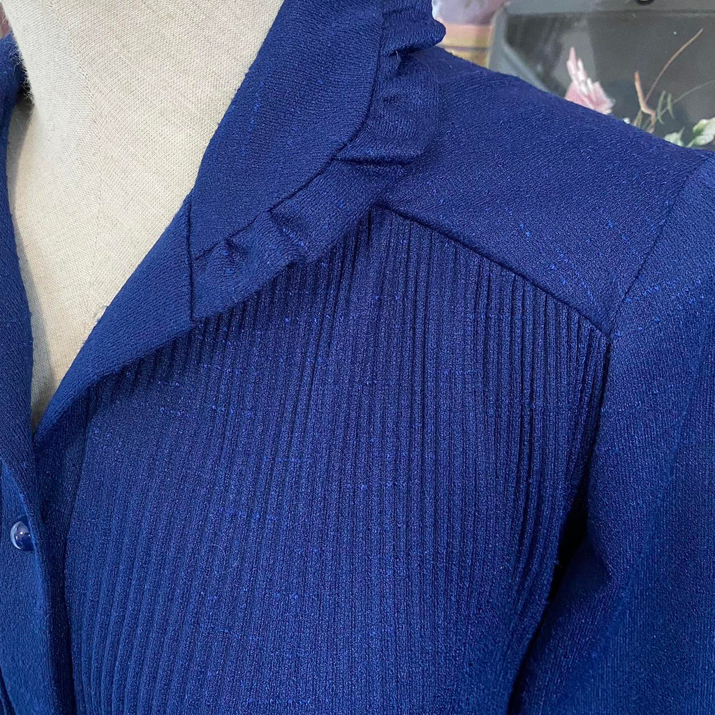 Vintage 70s Top Retro Ruffle Collar Blouse Blue Button-Up Shirt with Tie Back