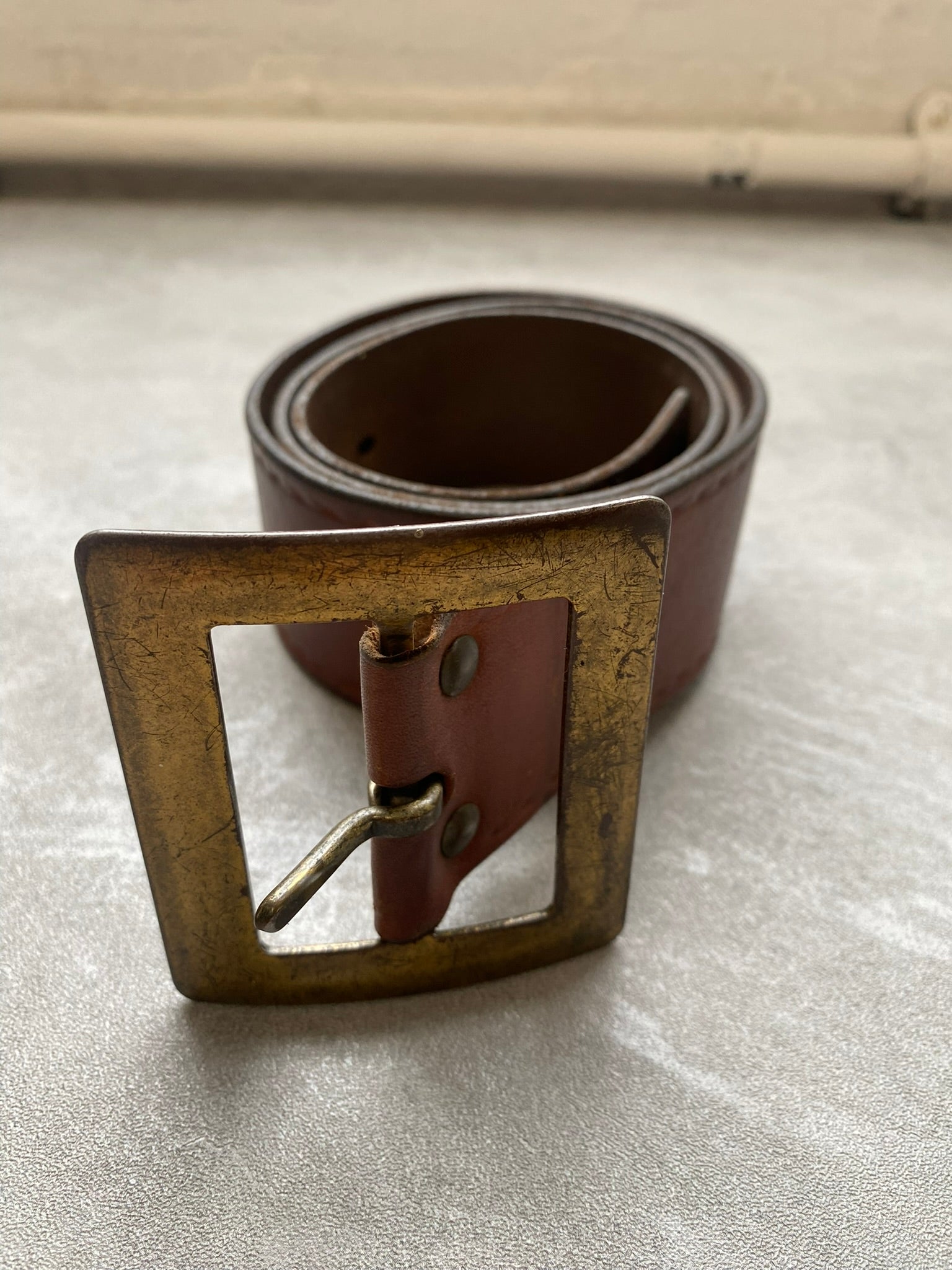 Vintage Ibex of England Brown Leather Belt Brass Buckle Rustic Western Belt Large Square Buckle Made in England