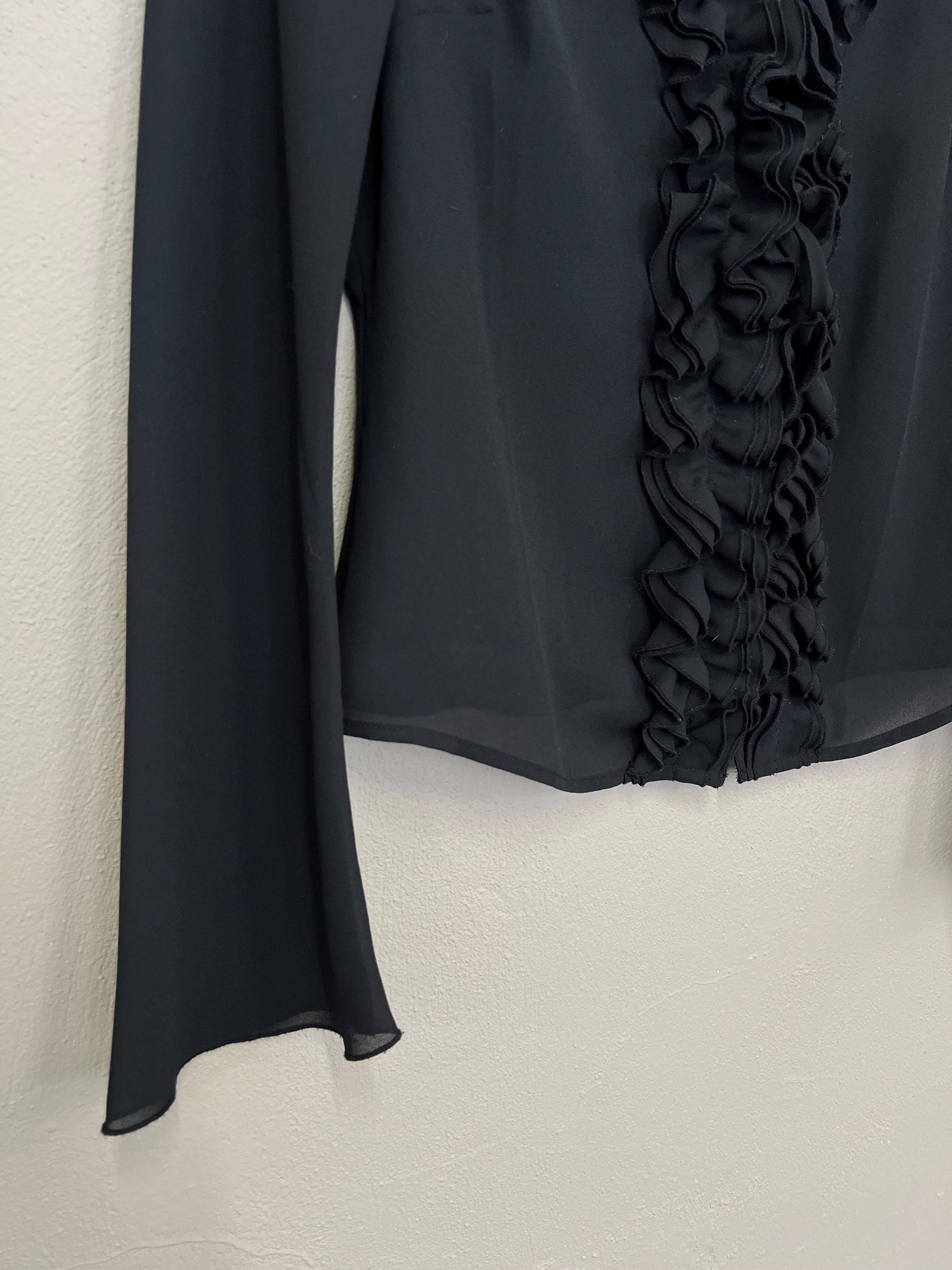 Sheer Black Blouse Vintage 1990s Long Sleeve Shirt Ruffle Collar Flowy Sleeve 90s Top