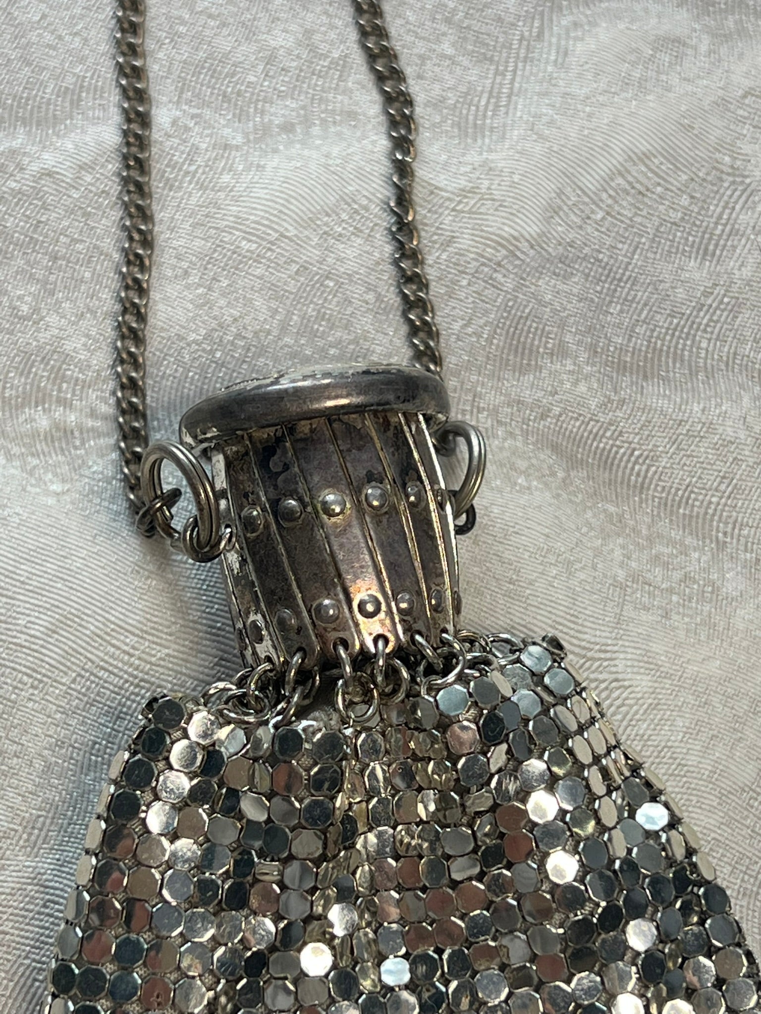 Antique 1900s Silver Mesh Coin Purse with Expanding Top and Floral Lid