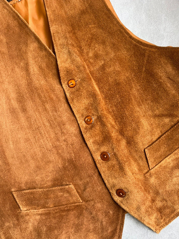 Vintage 1990s Tan Suede Waistcoat Genuine Leather Western Wear Size Small