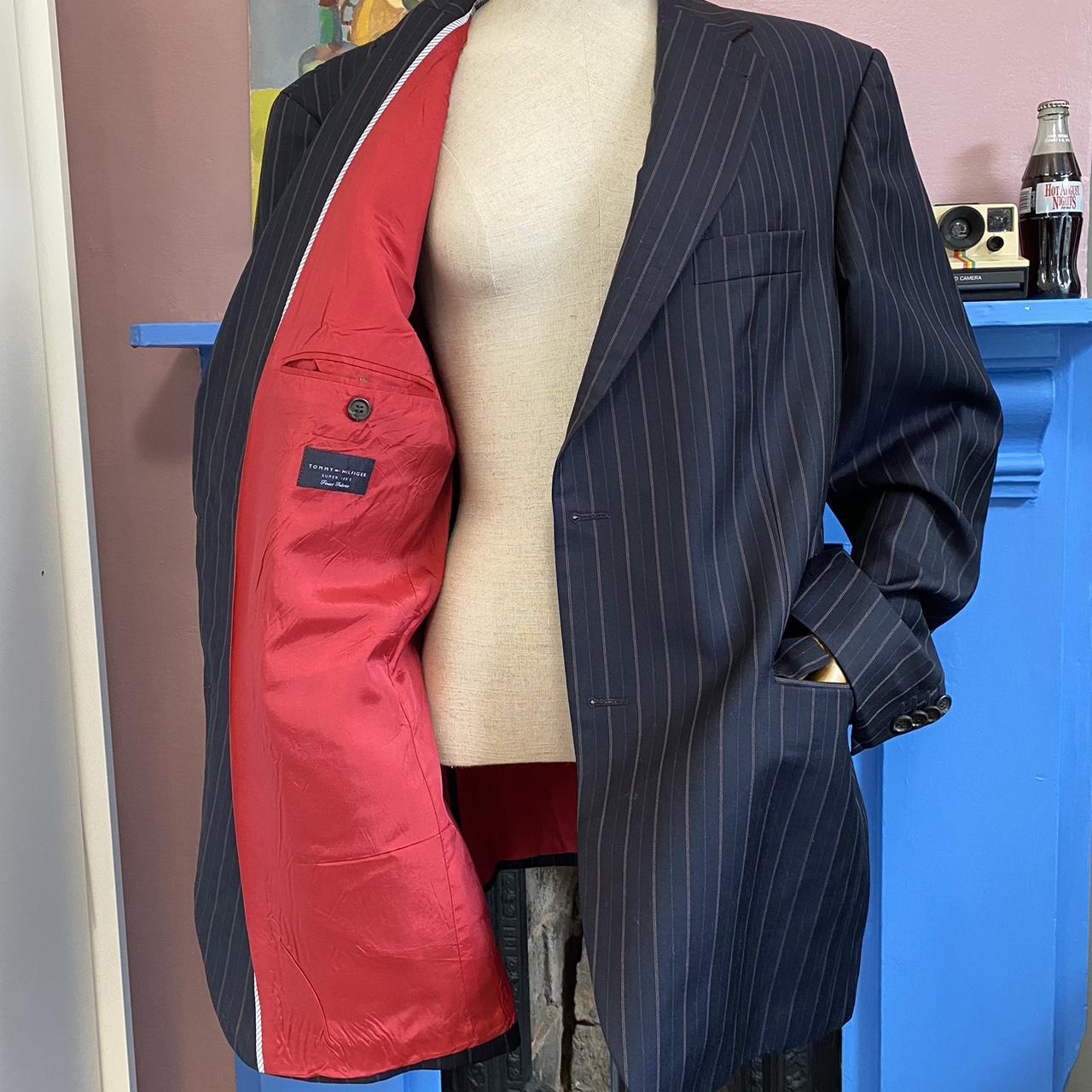 Tommy Hilfiger Blazer 90s Vintage 100% Virgin Wool Charcoal Grey Chalk Pinstripe Suit Jacket 2 Butto