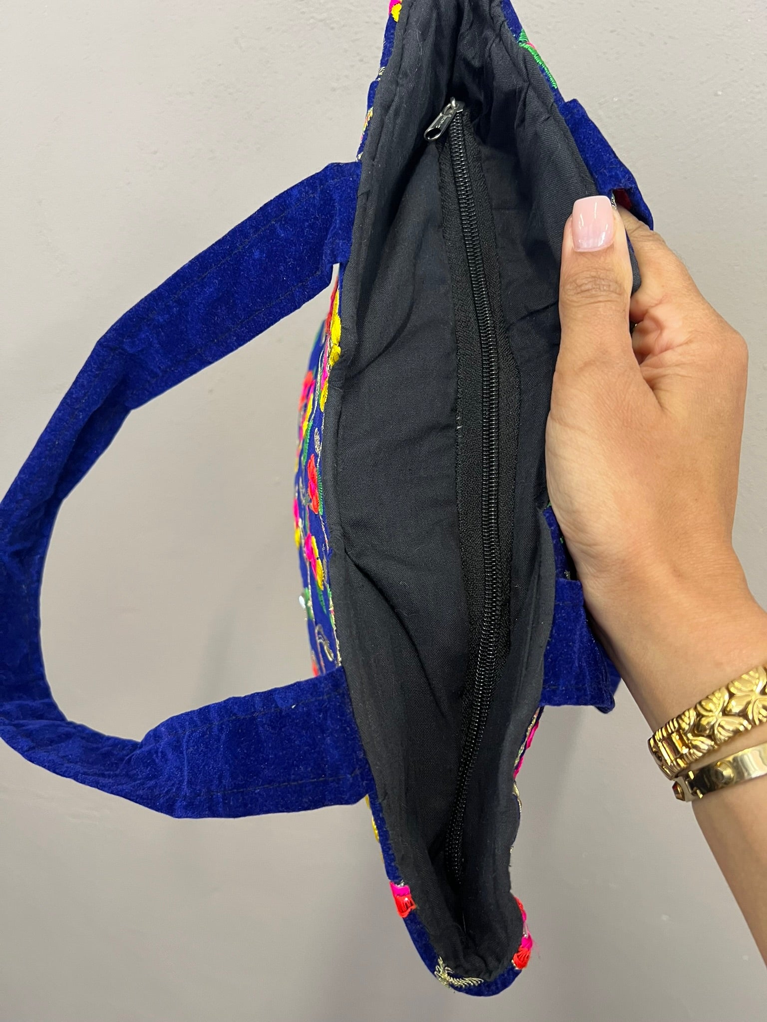 Blue Velvet Embroidered Tote Bag Vintage Mirror Detail Floral Shoulder Bag