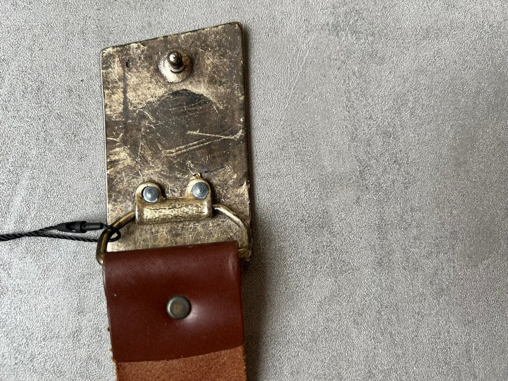 Vintage Brown Leather Belt Aridza Bross Paris Sculptural Metal Buckle XXS