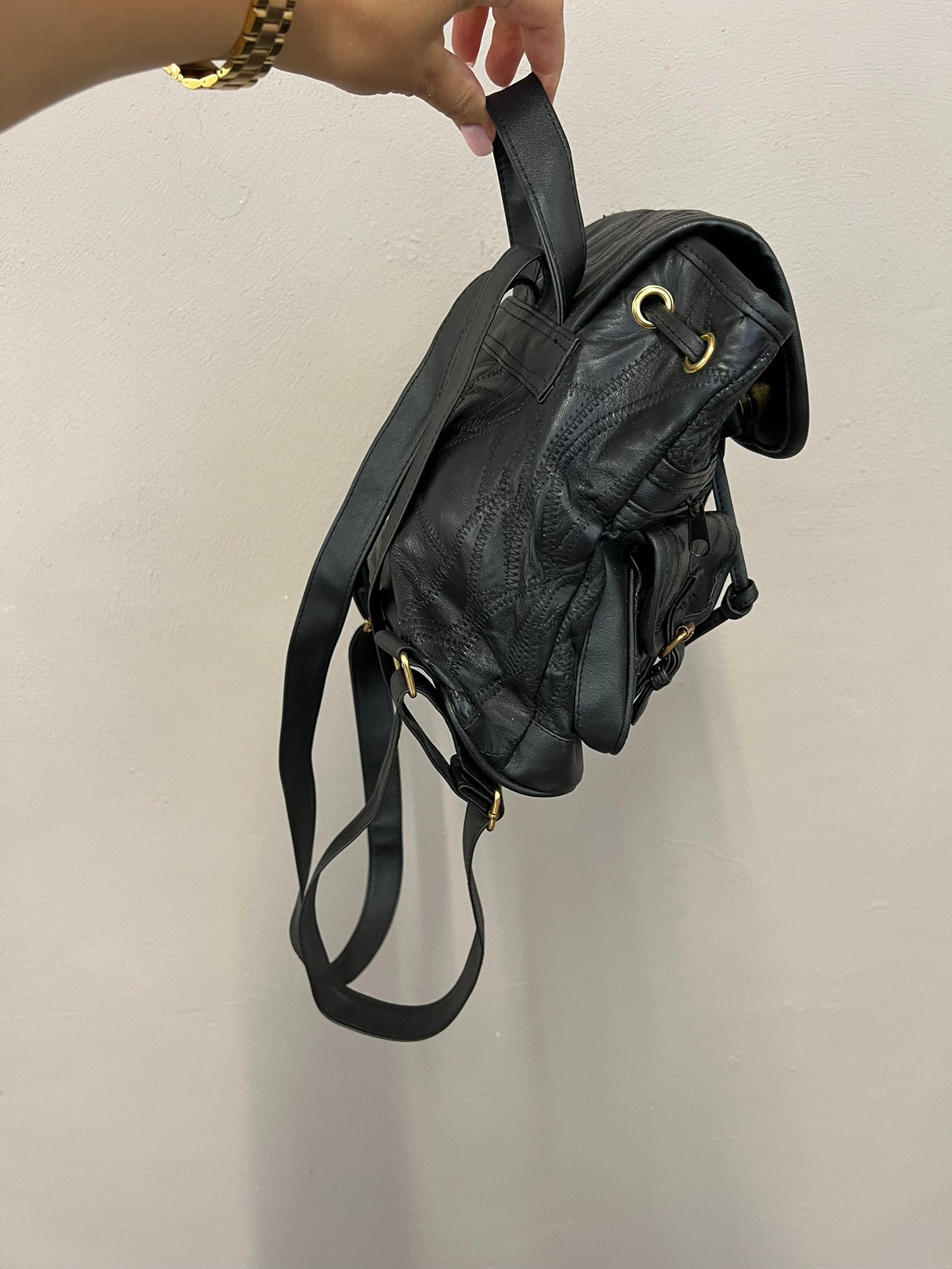 Vintage Black Leather Mini Backpack 90s Patchwork Leather Handbag