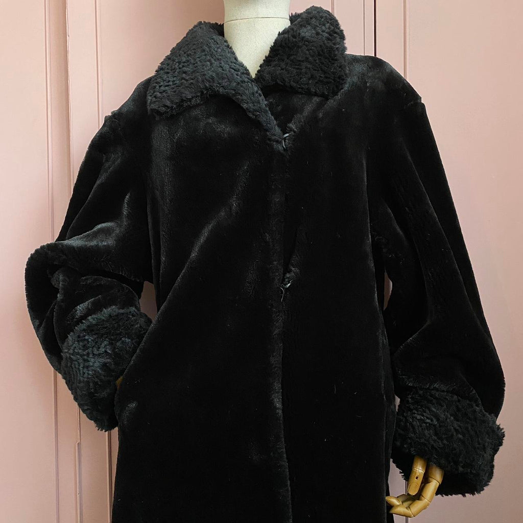 Faux Fur Coat Vintage 80s Black Mid Length Winter Coat