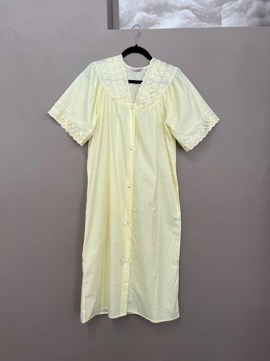 Buttercream Yellow Nightgown | Vintage | Lace Detail Satin Button Nightdress | Maxi Length