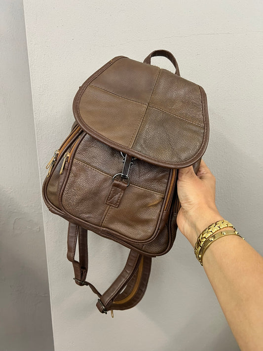 Brown Patchwork Handbag Faux Leather Backpack Vintage 90s Convertible Strap Ruck