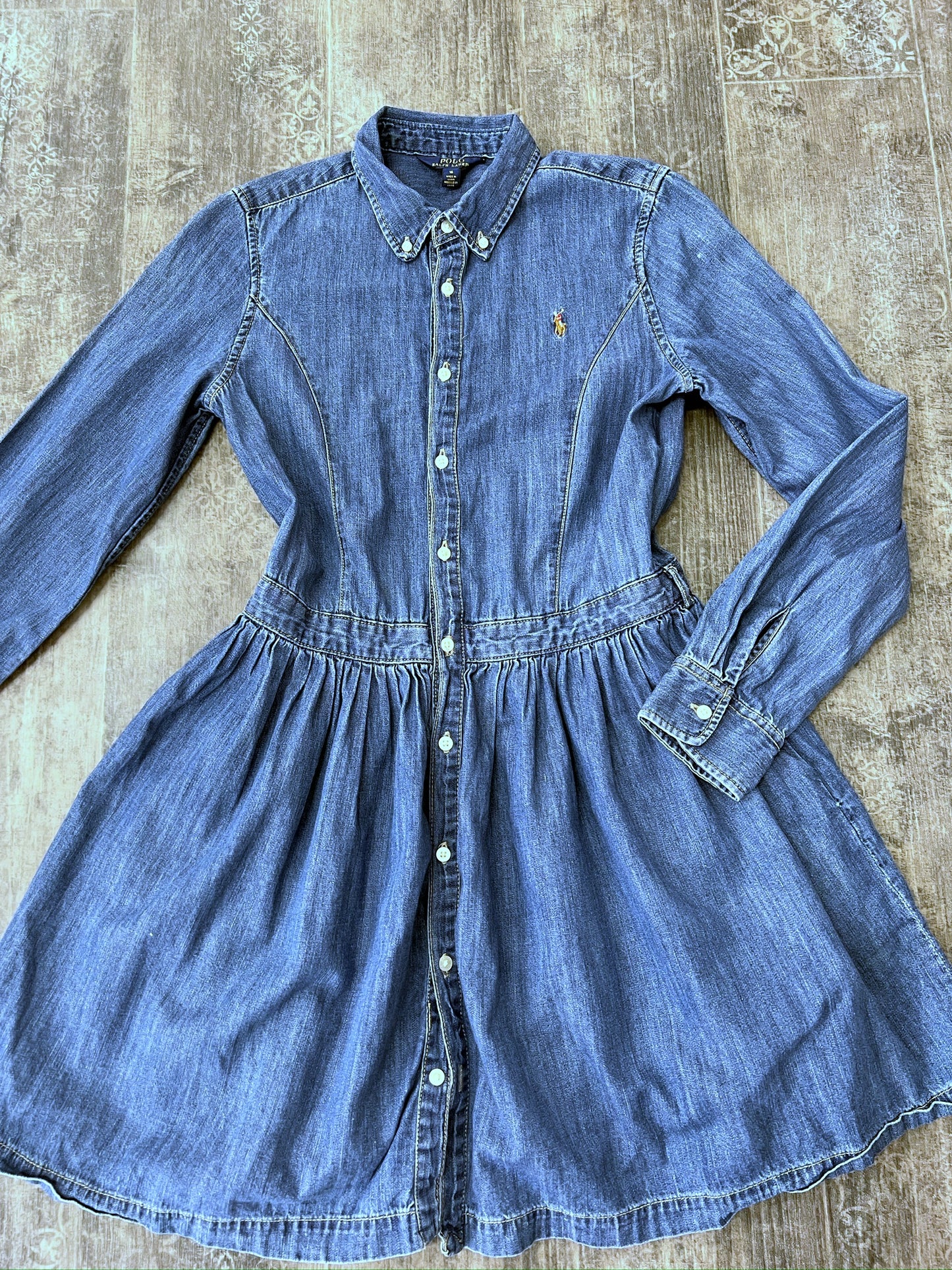 Vintage Polo Ralph Lauren Blue Denim Shirt Dress Short Pleated Long Sleeve Dress
