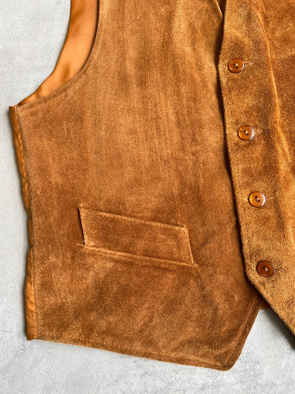 Vintage 1990s Tan Suede Waistcoat Genuine Leather Western Wear Size Small