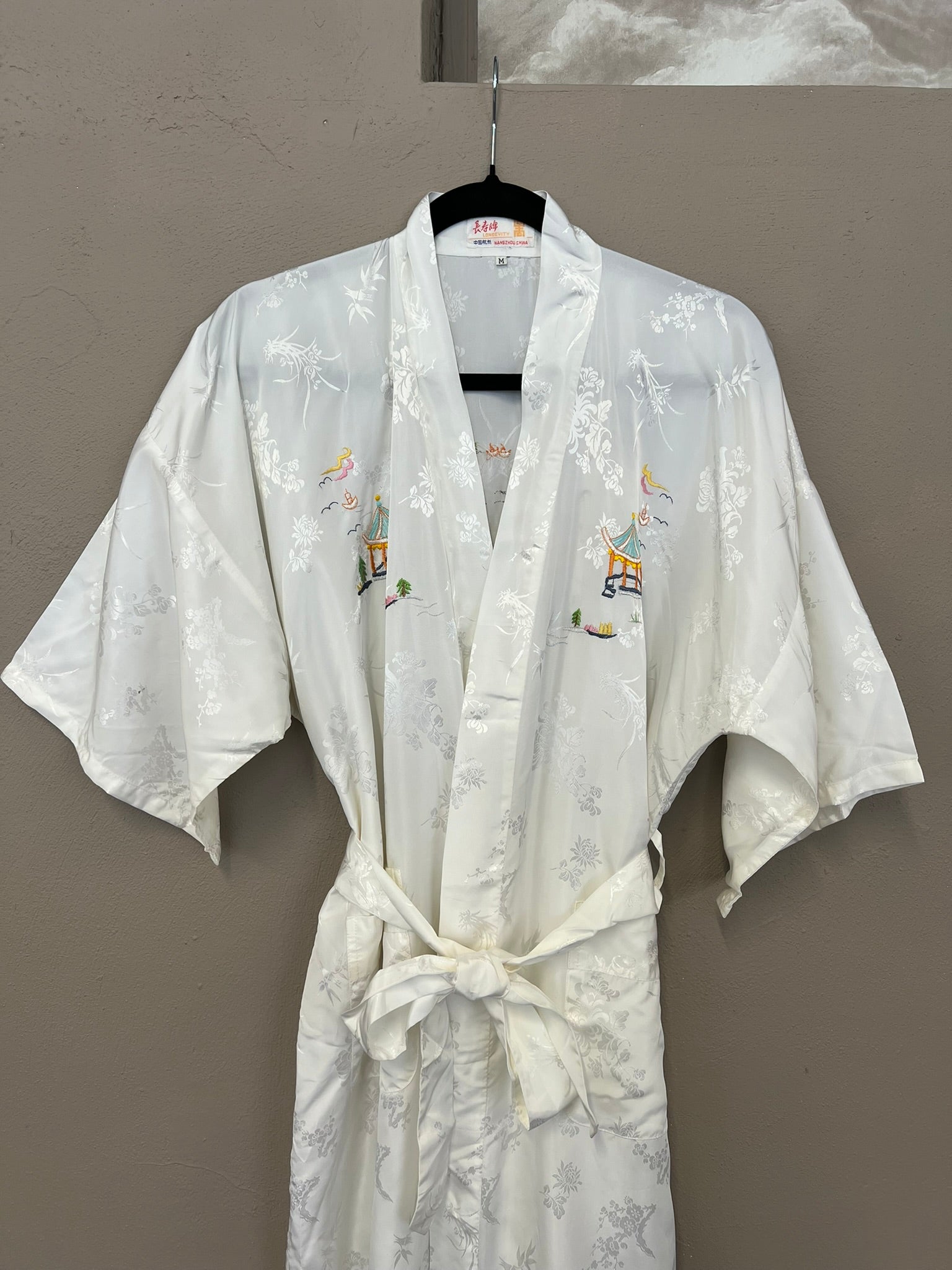 Vintage Kimono White Satin Embroidered Robe Medium