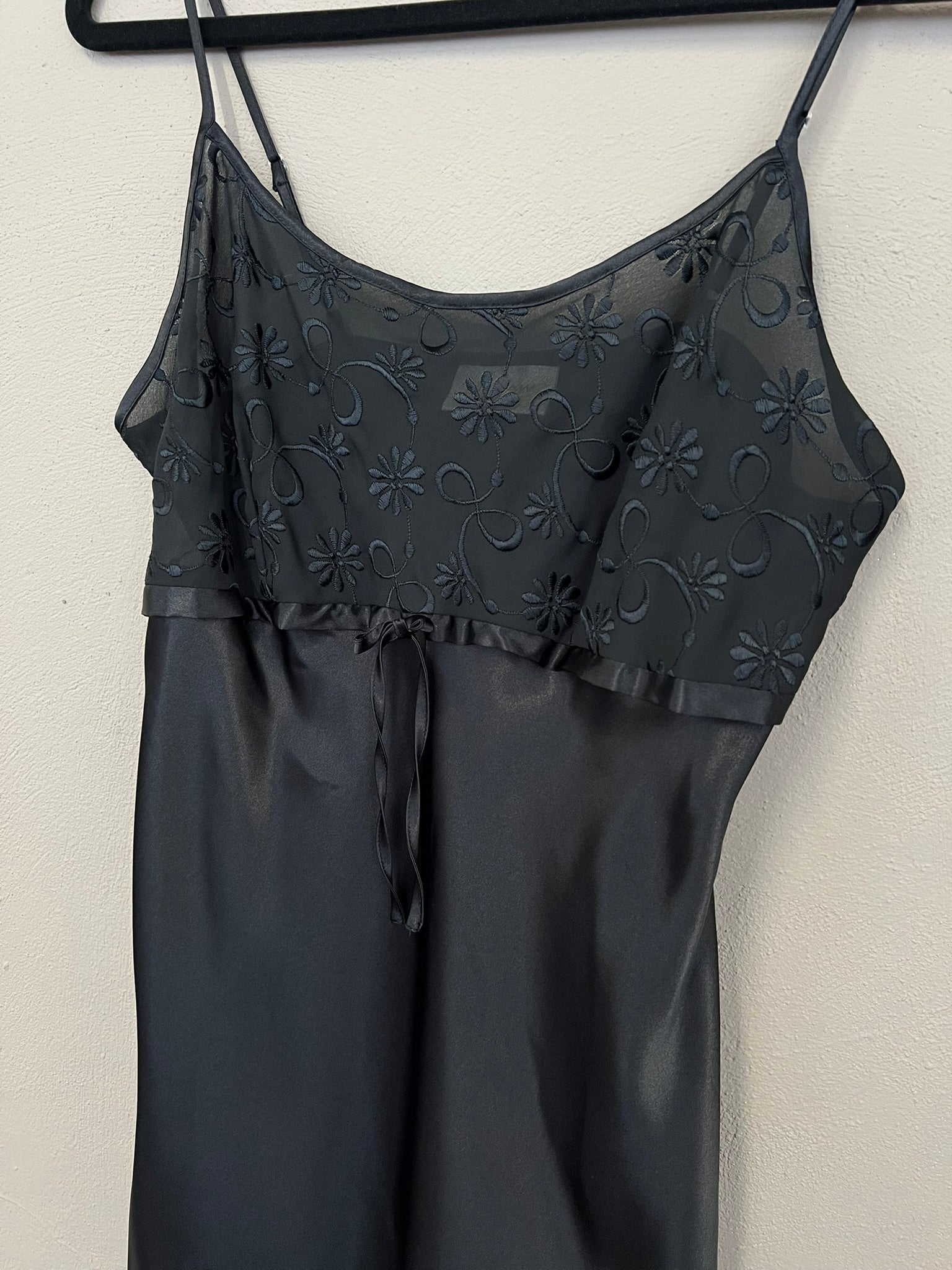 Black Slip Dress Sheer Embroidered Satin Strappy Mini Dress UK 10-12