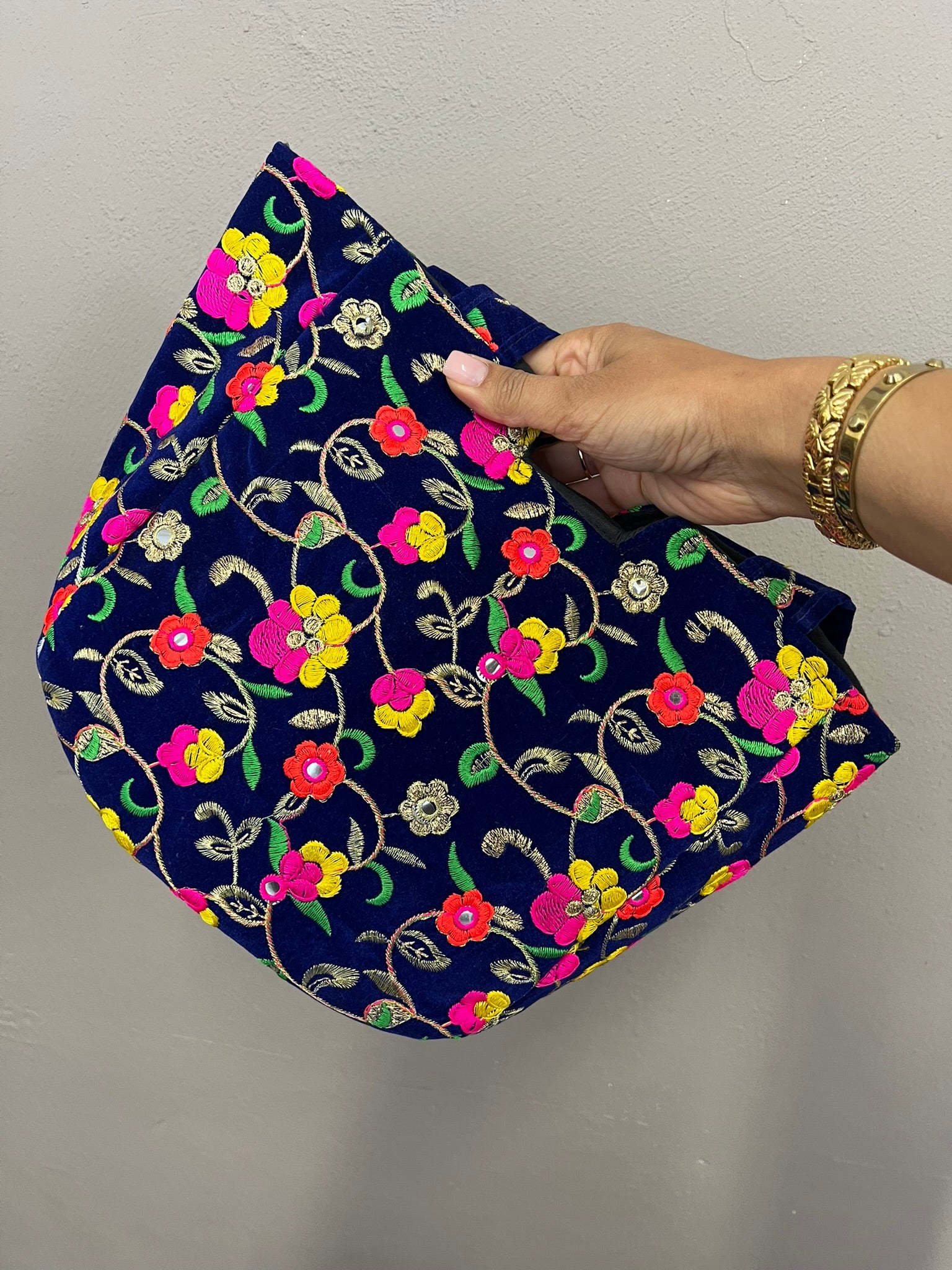 Blue Velvet Embroidered Tote Bag Vintage Mirror Detail Floral Shoulder Bag