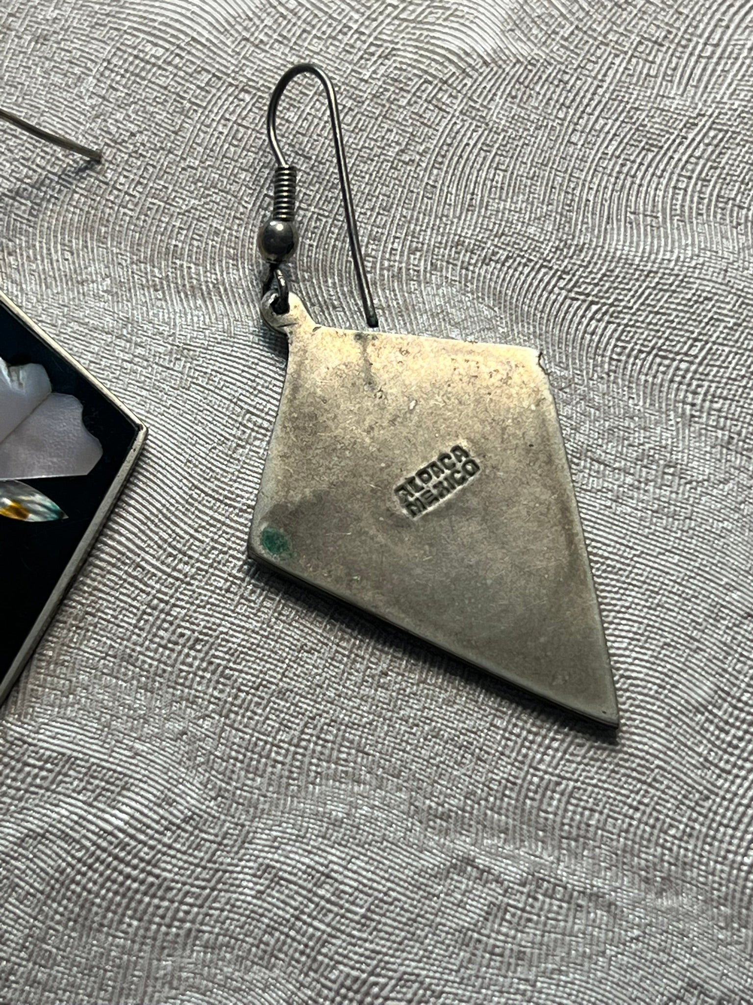 Vintage Alpaca Mexico Dangling Inlay Earrings Mother of Pearl Floral Design