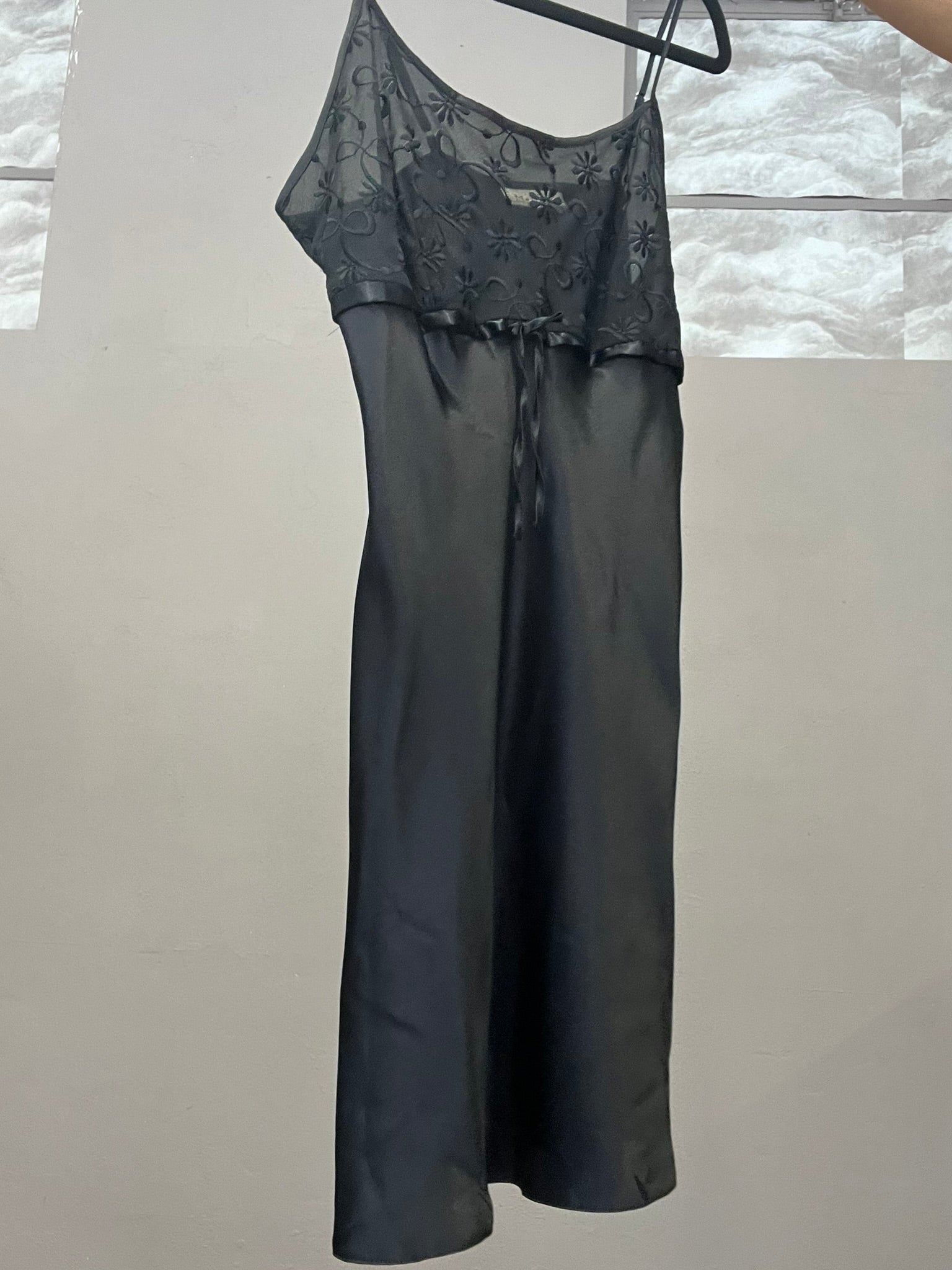 Black Slip Dress Sheer Embroidered Satin Strappy Mini Dress UK 10-12