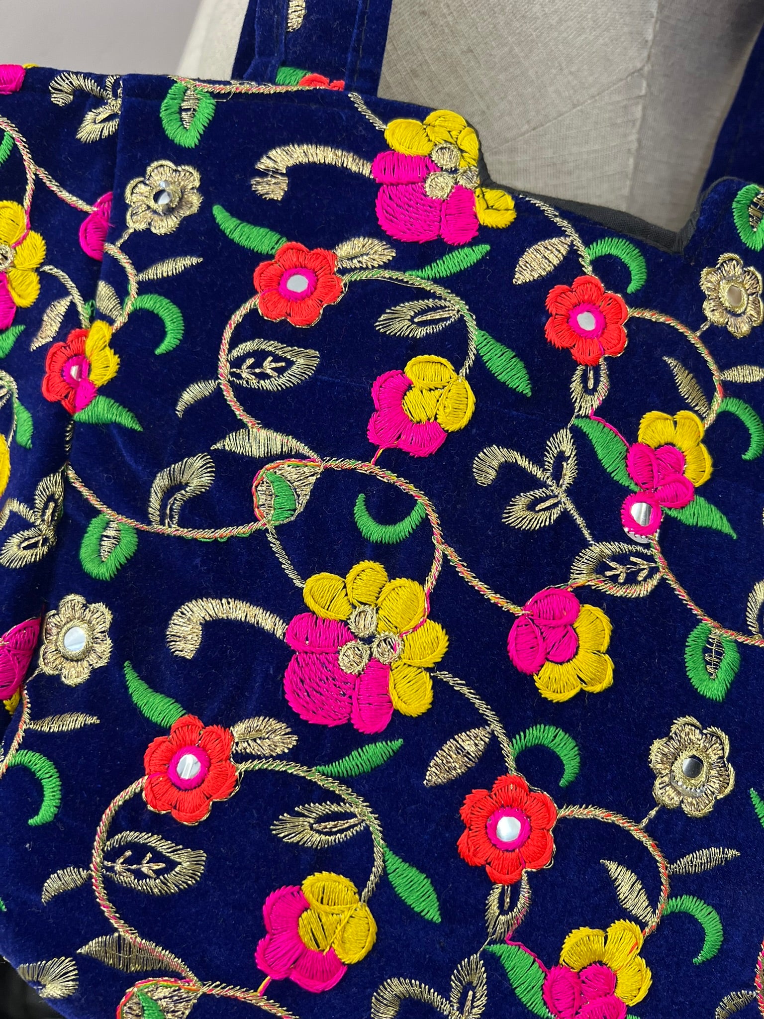 Blue Velvet Embroidered Tote Bag Vintage Mirror Detail Floral Shoulder Bag