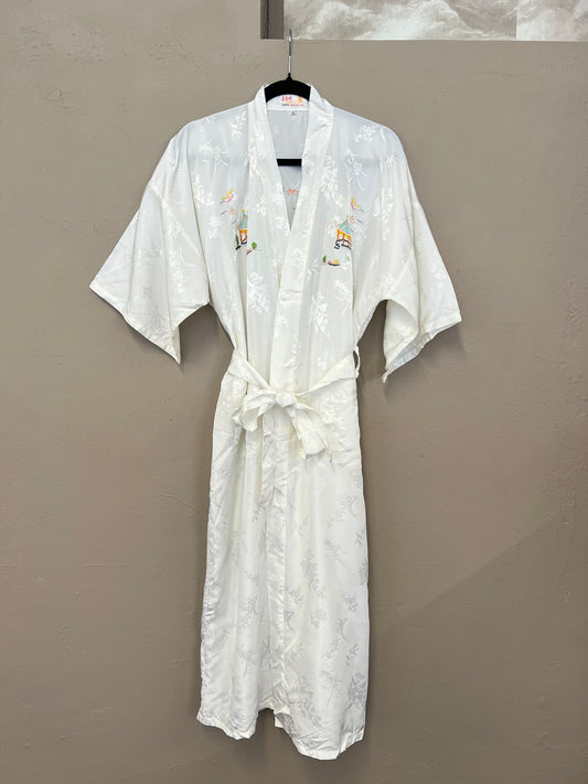 Vintage Kimono White Satin Embroidered Robe Medium