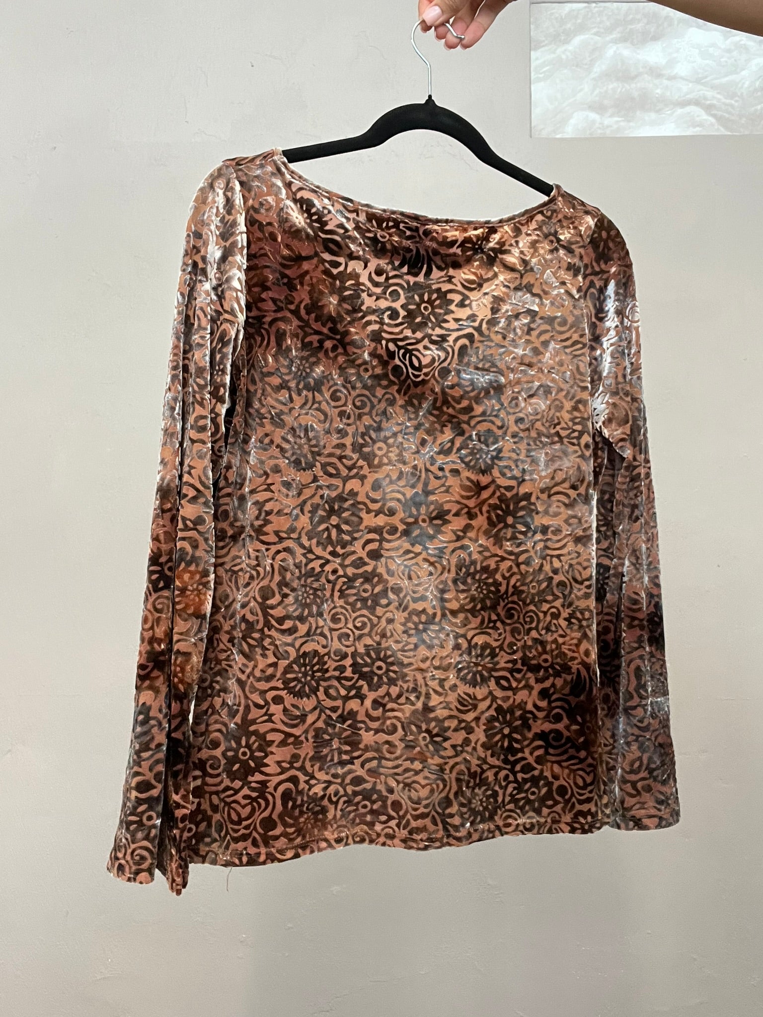 Vintage 90s Velvet Top Tan Sheer Patterned Blouse V Neck Long Sleeve with Side S