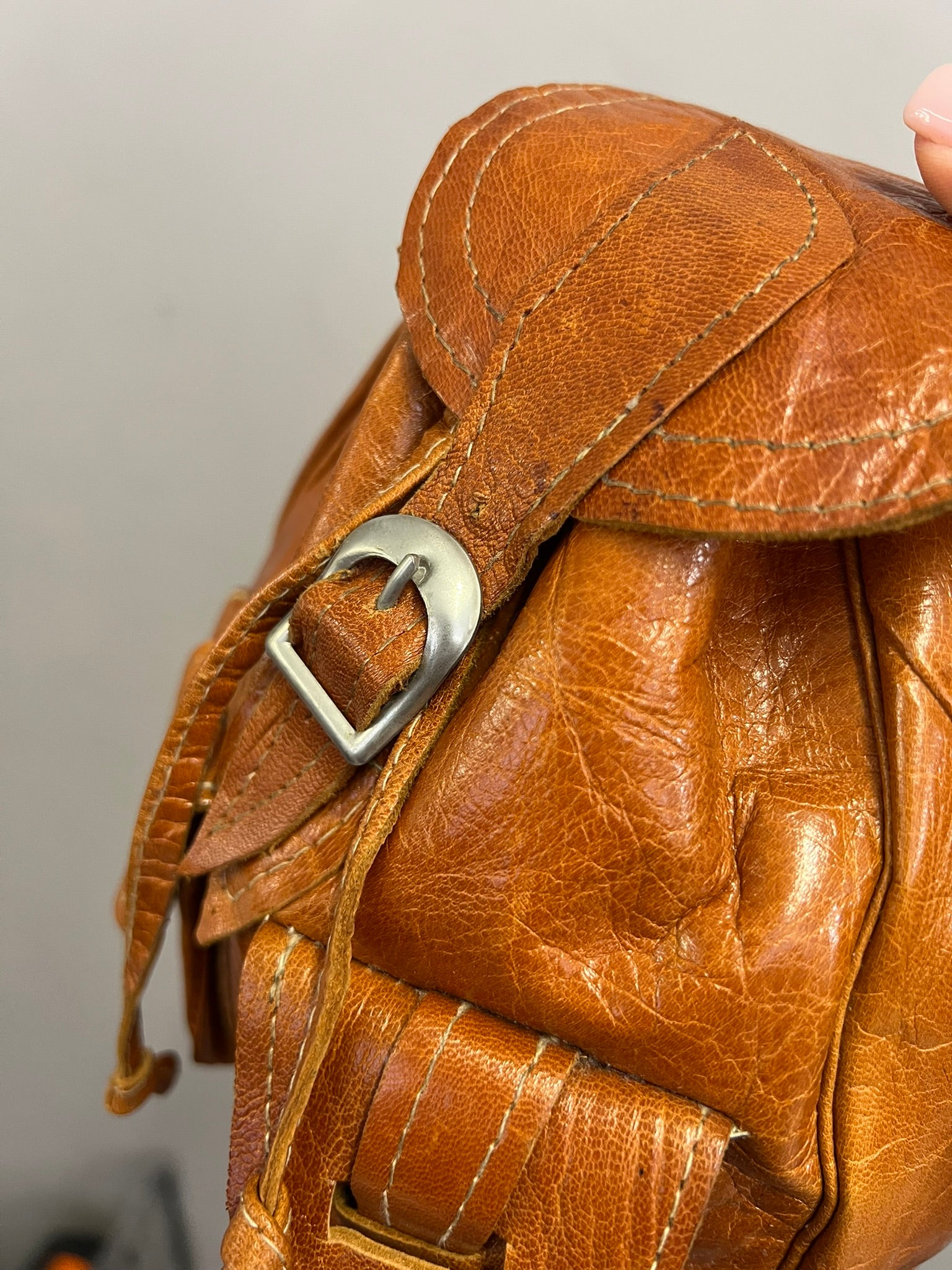 Tan Leather Mini Backpack Vintage Rucksack Bag
