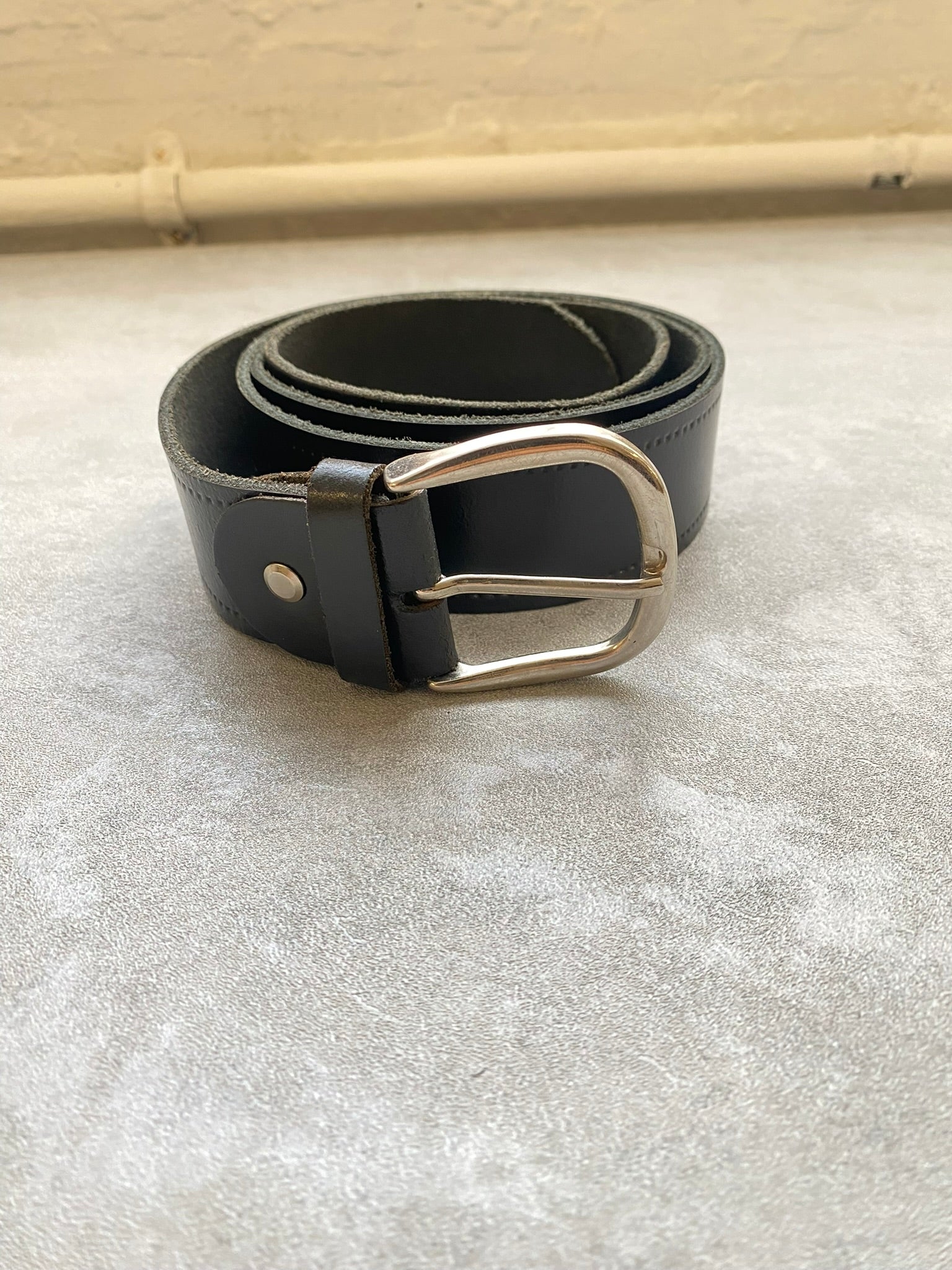 Vintage Belt Black Leather Belt Silver Buckle  43” Waist