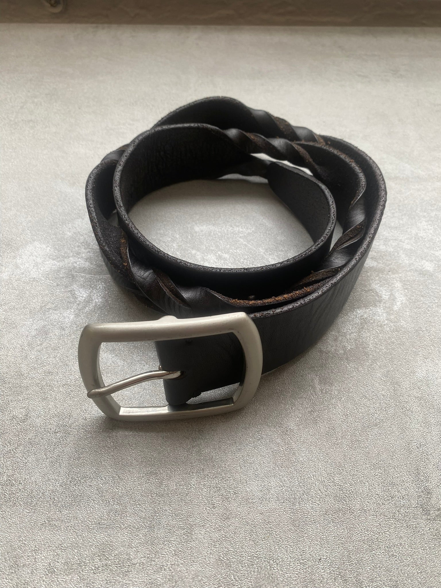 Vintage Black Braided Leather Belt Genuine Leather Belt 90s Silver Buckle Size