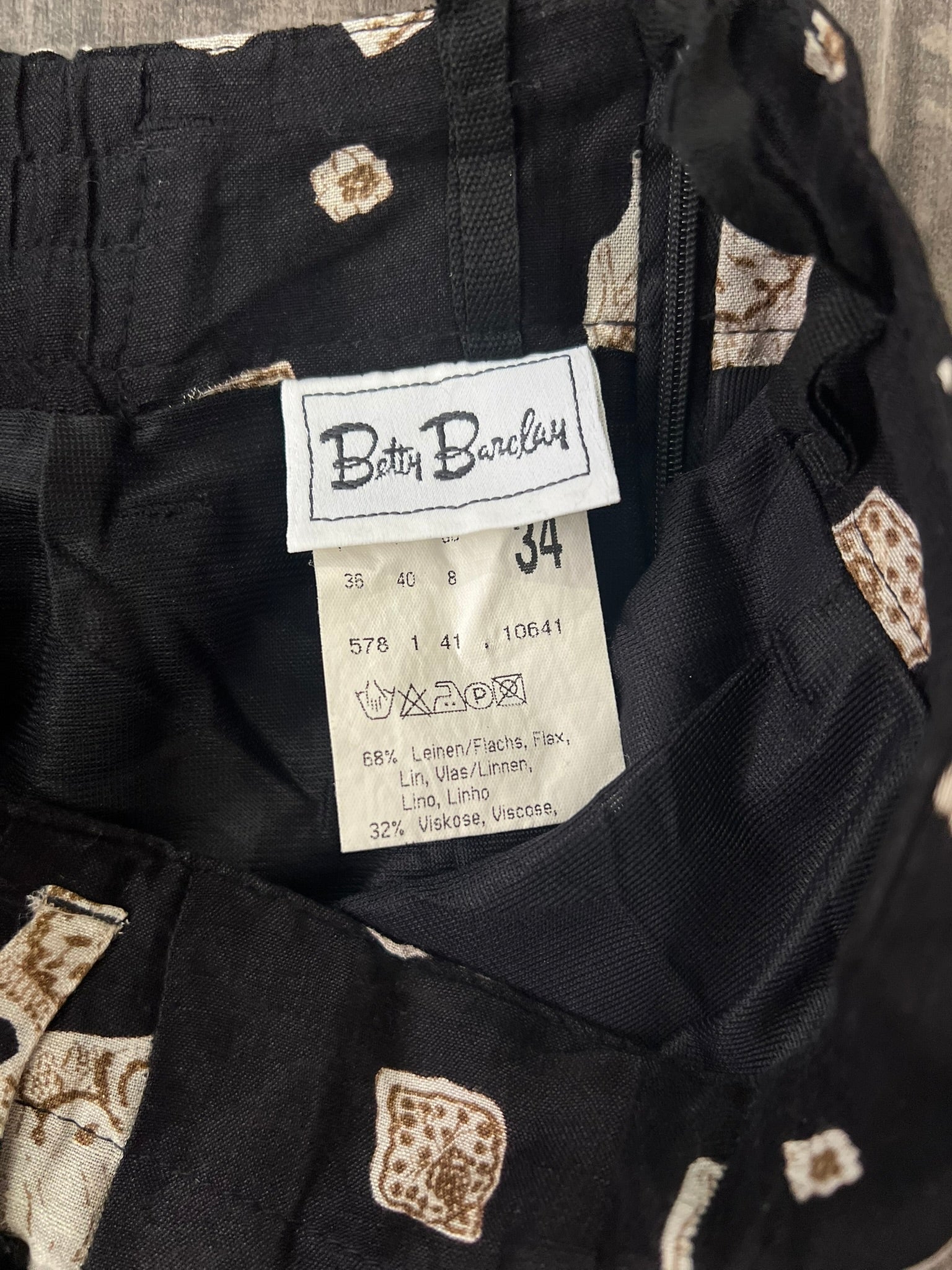 Wide Leg Trousers Vintage 1990s Betty Barclay Linen Blend Printed UK 6–8 Petite