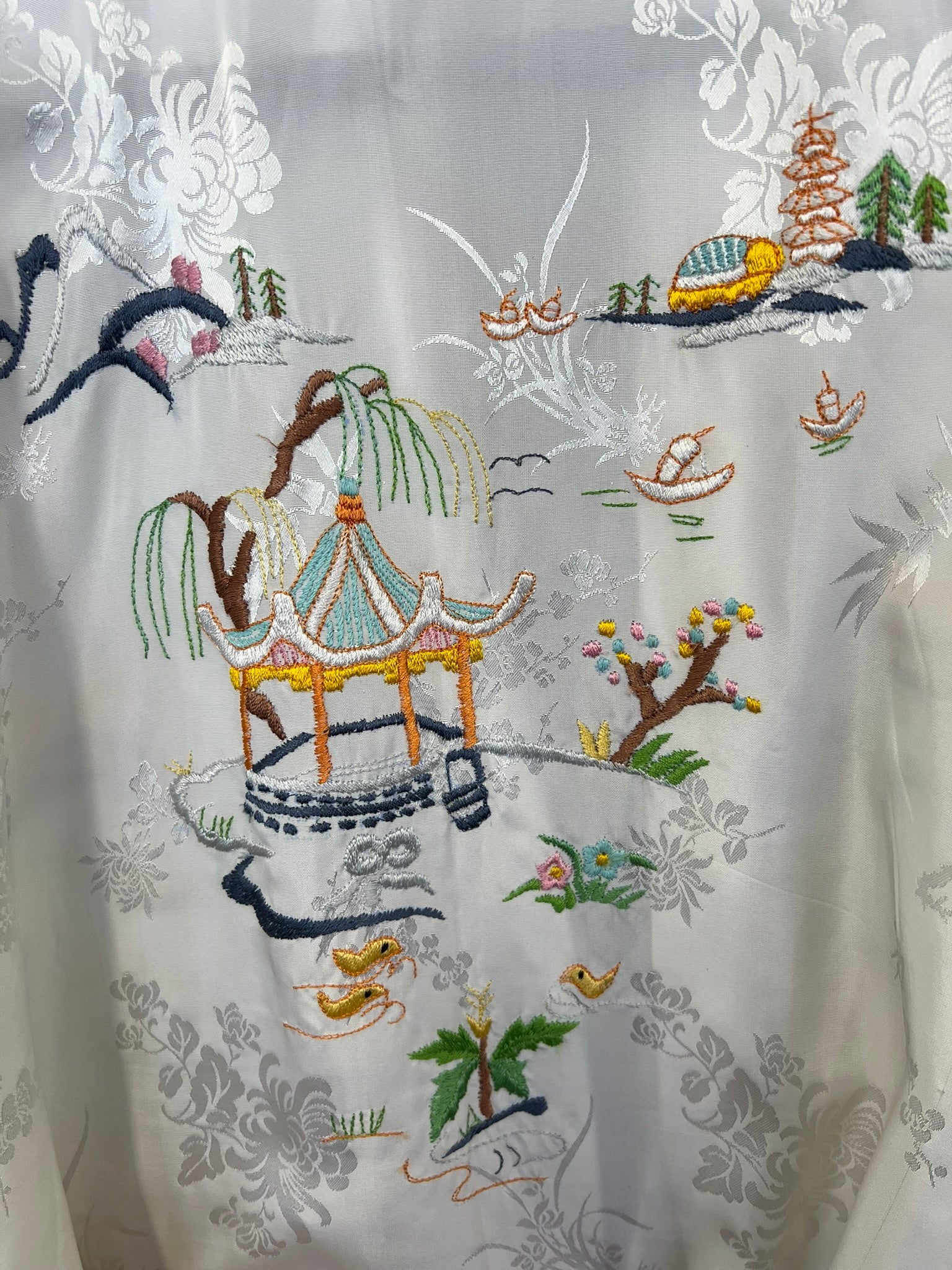 Vintage Kimono White Satin Embroidered Robe Medium