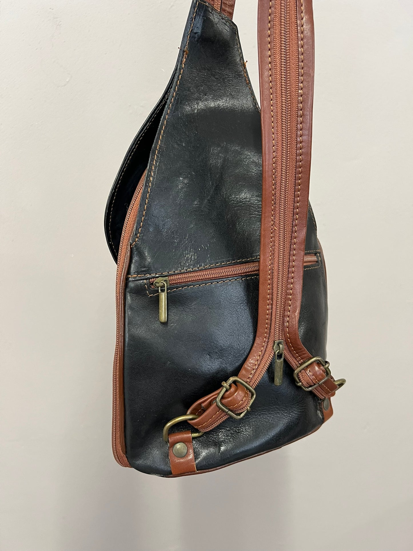 Vintage Leather Backpack Asymmetric Handbag Black and Brown 90s Vintage Bag
