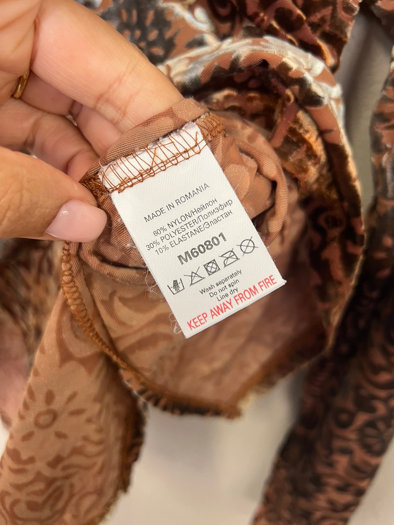 Vintage 90s Velvet Top Tan Sheer Patterned Blouse V Neck Long Sleeve with Side S