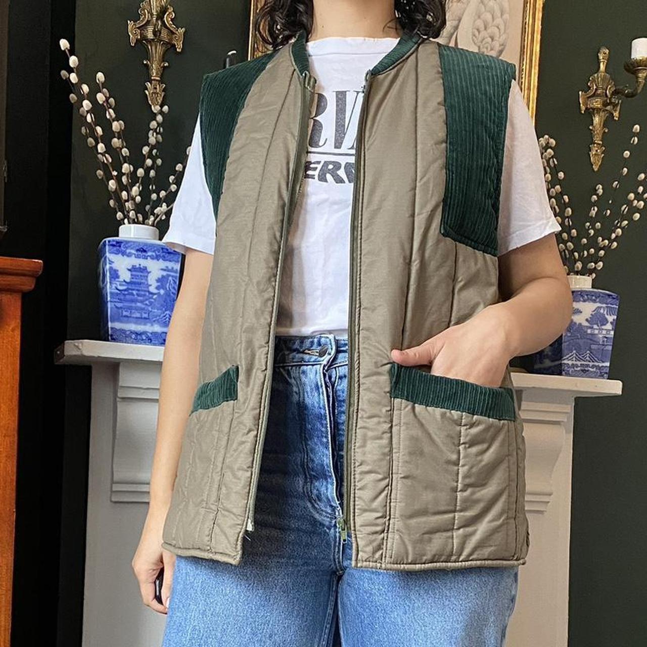 Vintage 80s Quilted Gilet Flannel Lining Padded Body Warmer Khaki with Corduroy Accents with Zipper
