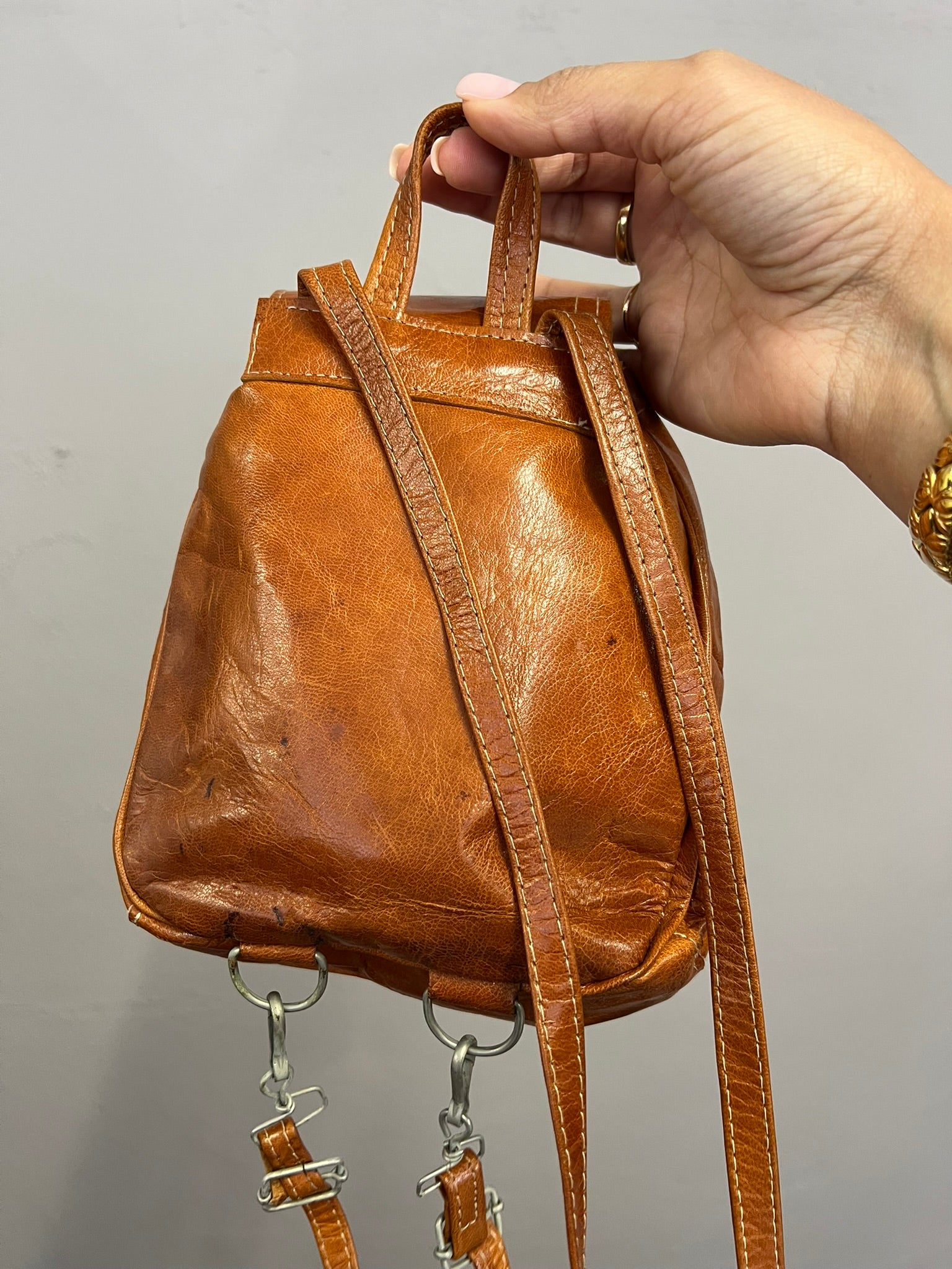Tan Leather Mini Backpack Vintage Rucksack Bag