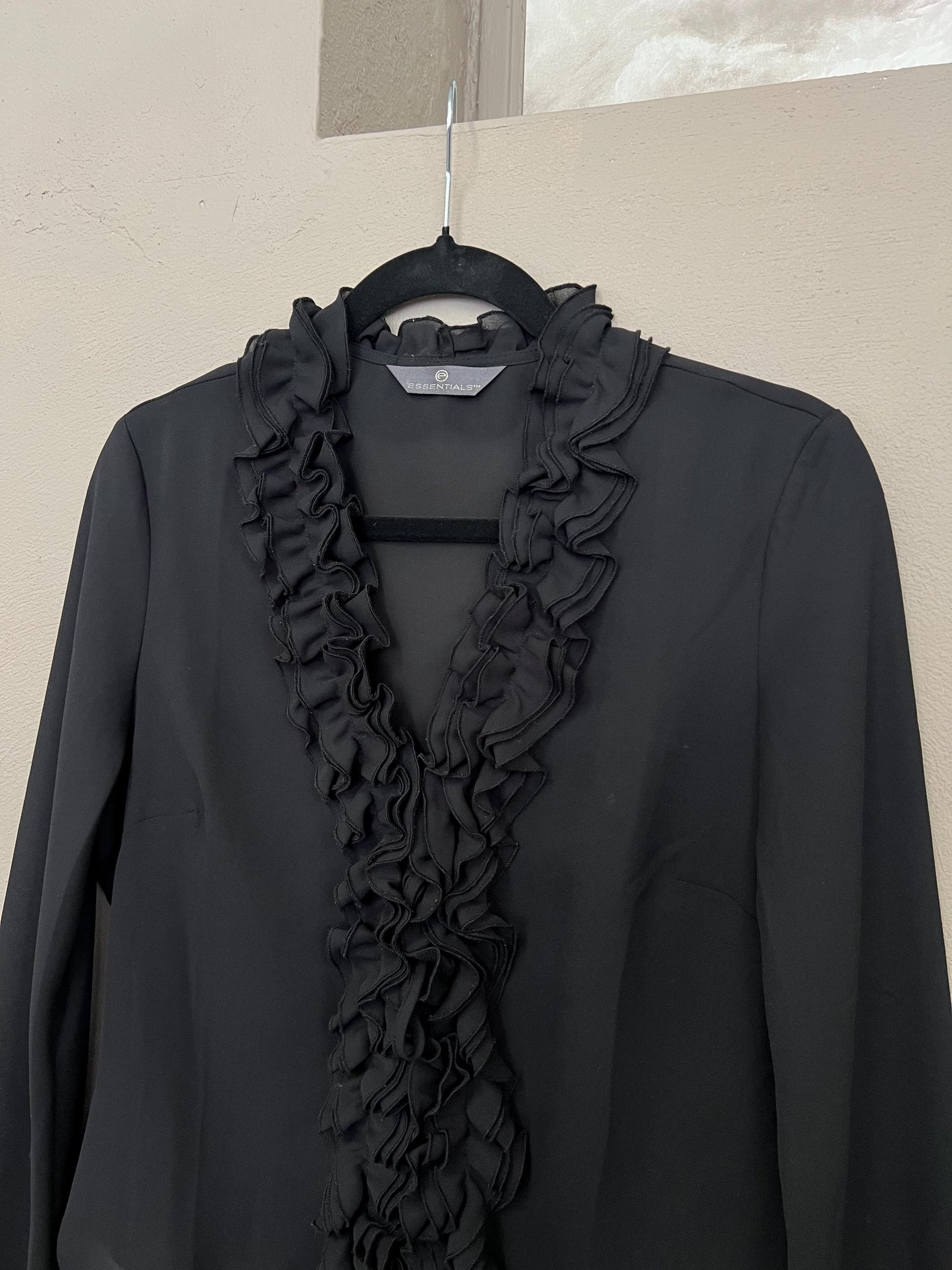Sheer Black Blouse Vintage 1990s Long Sleeve Shirt Ruffle Collar Flowy Sleeve 90s Top