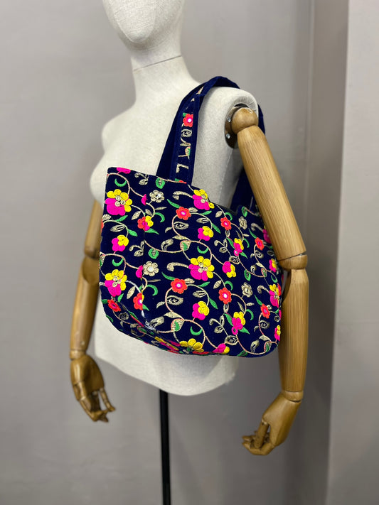 Blue Velvet Embroidered Tote Bag Vintage Mirror Detail Floral Shoulder Bag