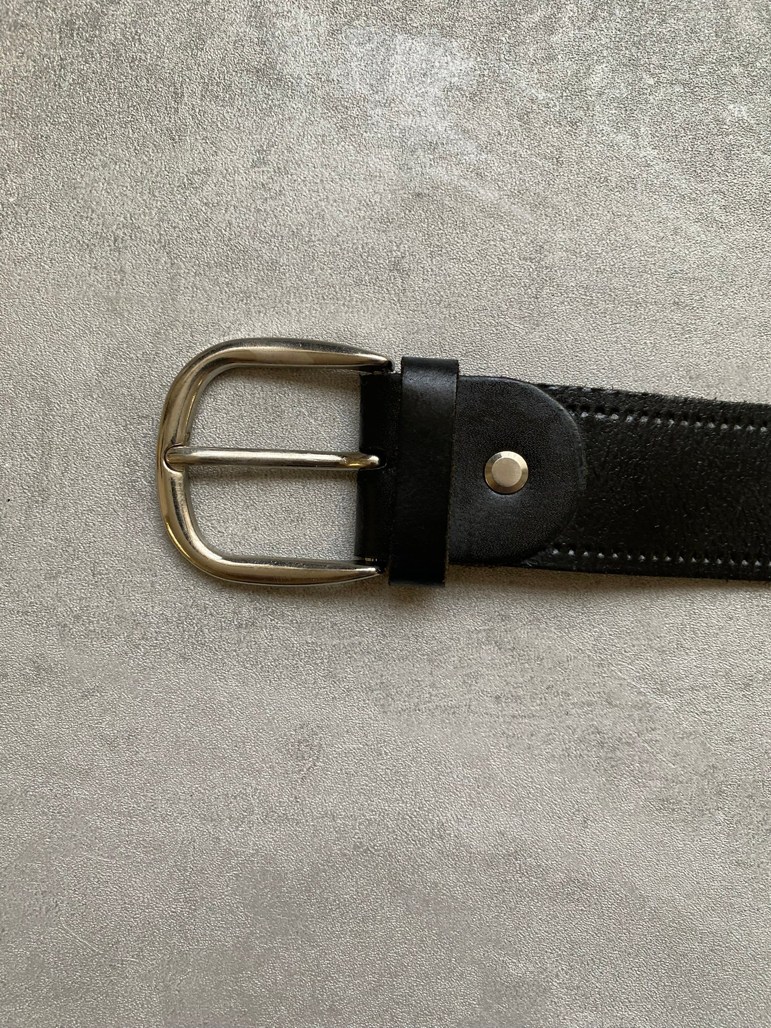 Vintage Belt Black Leather Belt Silver Buckle  43” Waist