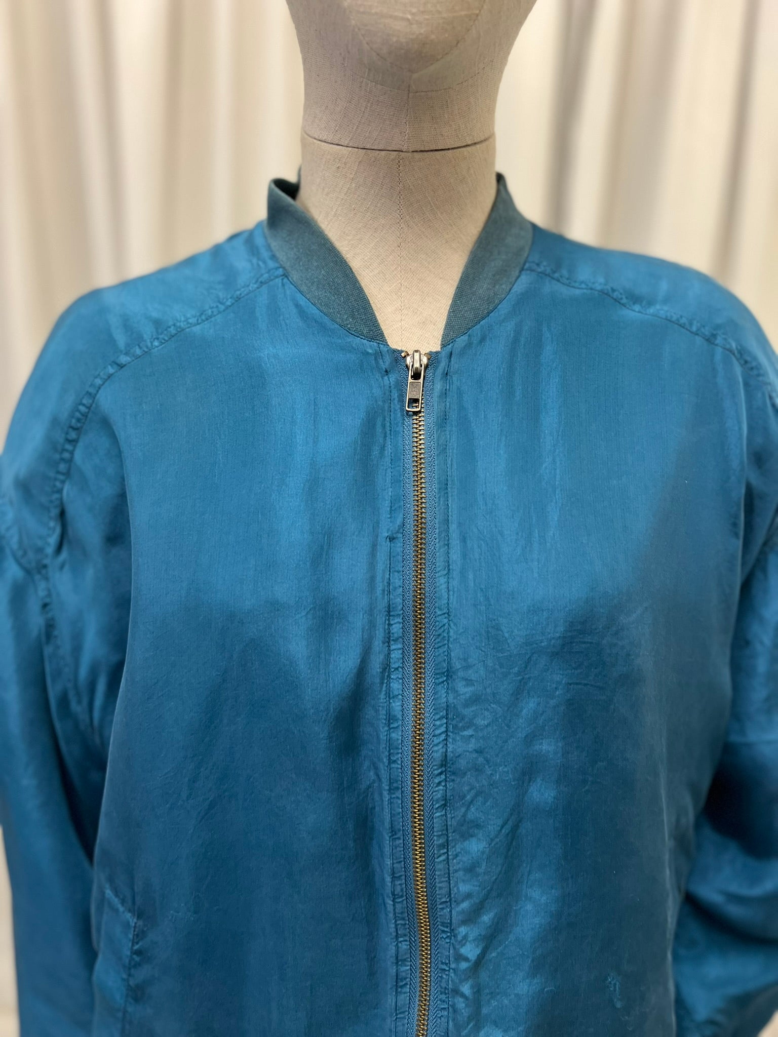 Vintage 1980s Mark Adam Teal Blue Silk Bomber Jacket 100% Silk Vintage Korean Genuine Silk Lightweight Oversized Women's Jacket Size L