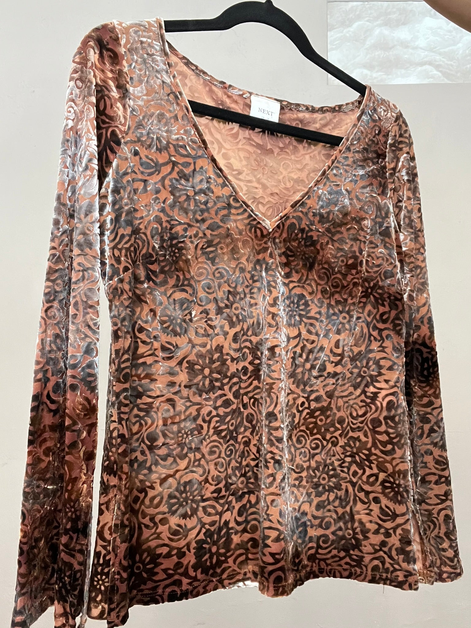 Vintage 90s Velvet Top Tan Sheer Patterned Blouse V Neck Long Sleeve with Side S
