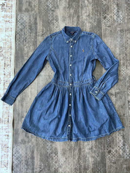 Vintage Polo Ralph Lauren Blue Denim Shirt Dress Short Pleated Long Sleeve Dress