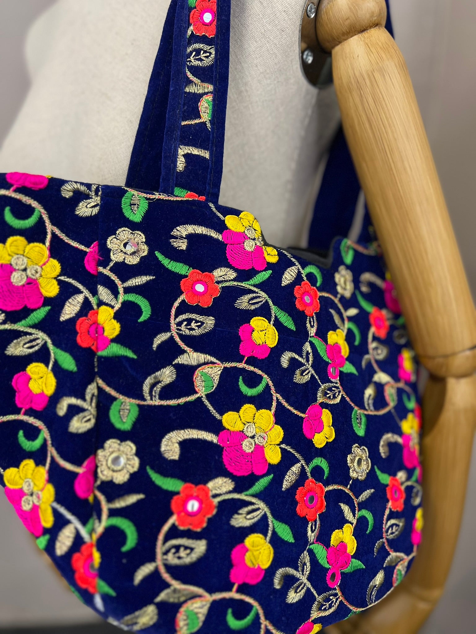 Blue Velvet Embroidered Tote Bag Vintage Mirror Detail Floral Shoulder Bag