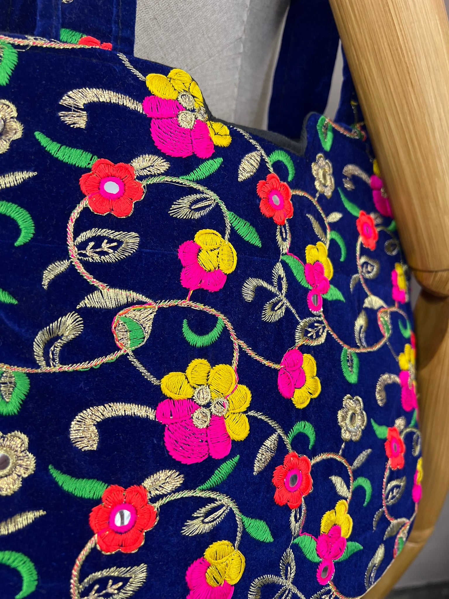 Blue Velvet Embroidered Tote Bag Vintage Mirror Detail Floral Shoulder Bag