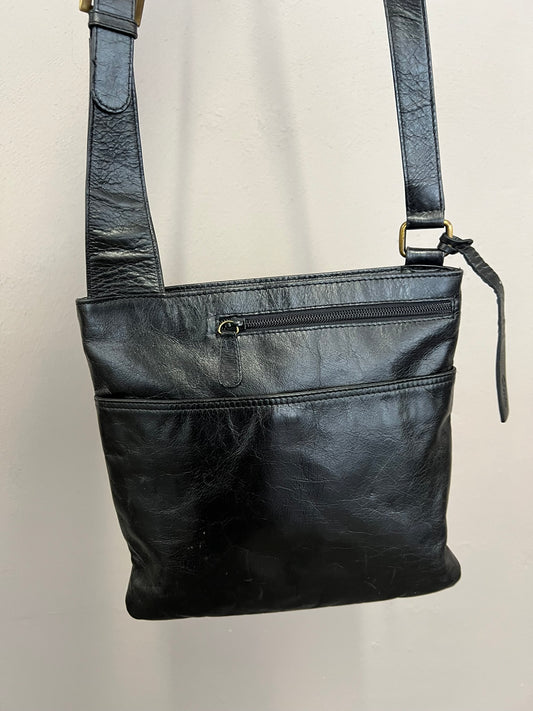 Vintage Black Faux Leather Crossbody Bag Adjustable Buckle Strap