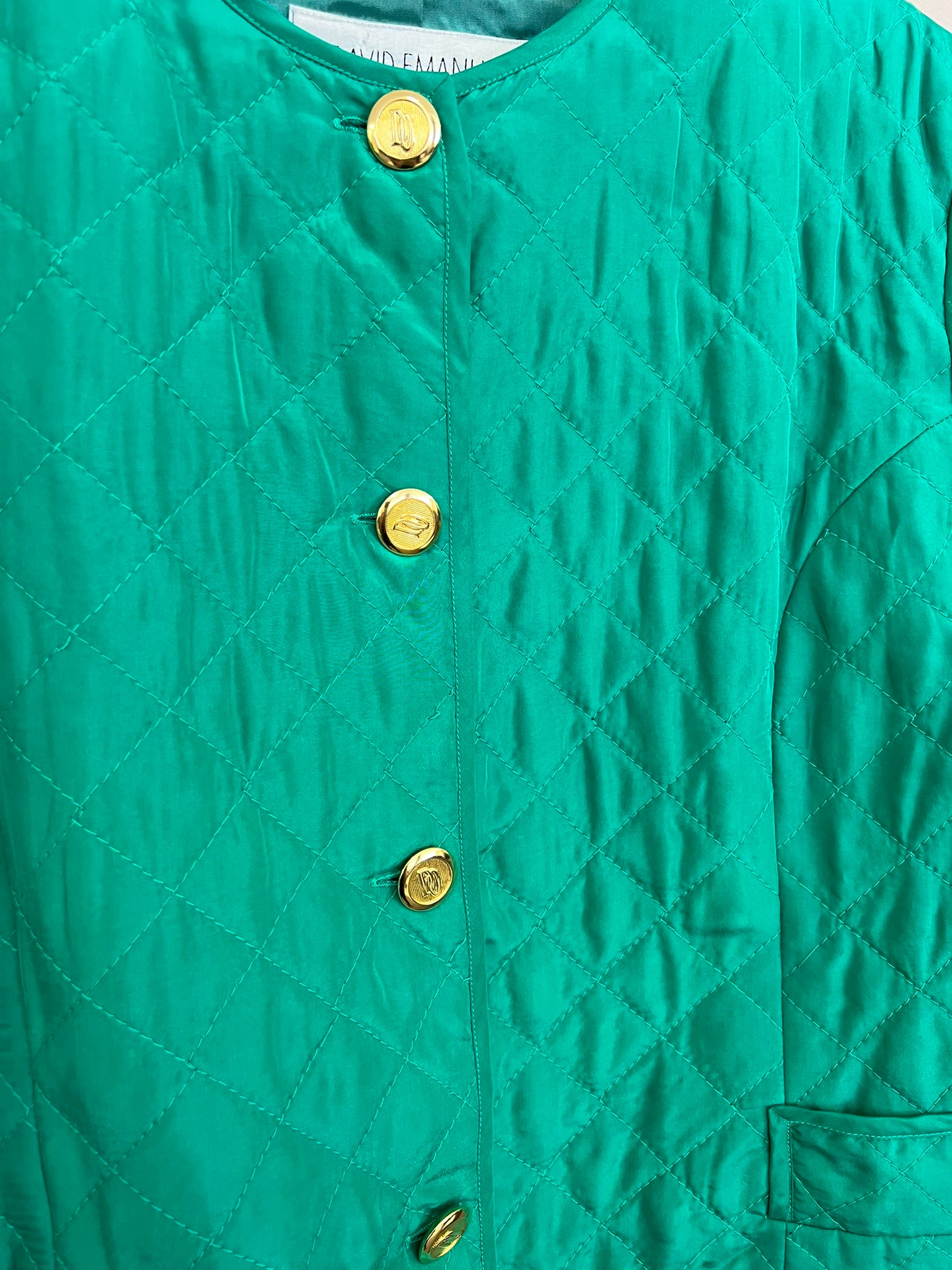 Vintage Silk Quilted Jacket David Emanuel Green Padded Jacket M UK 10 12