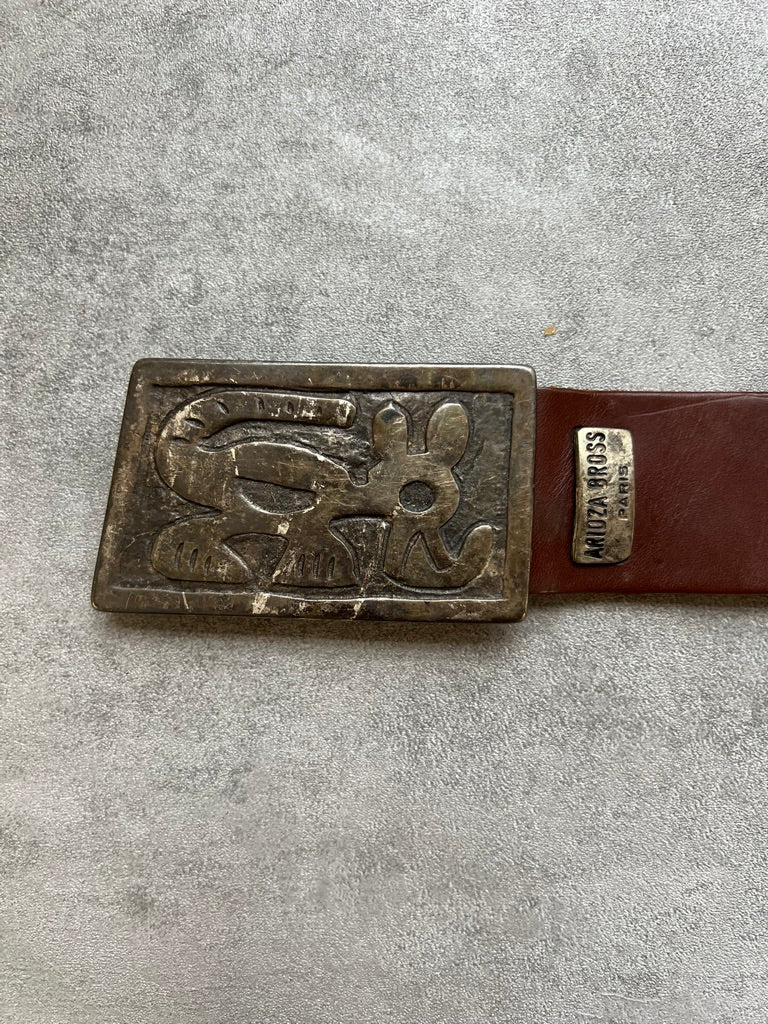 Vintage Brown Leather Belt Aridza Bross Paris Sculptural Metal Buckle XXS
