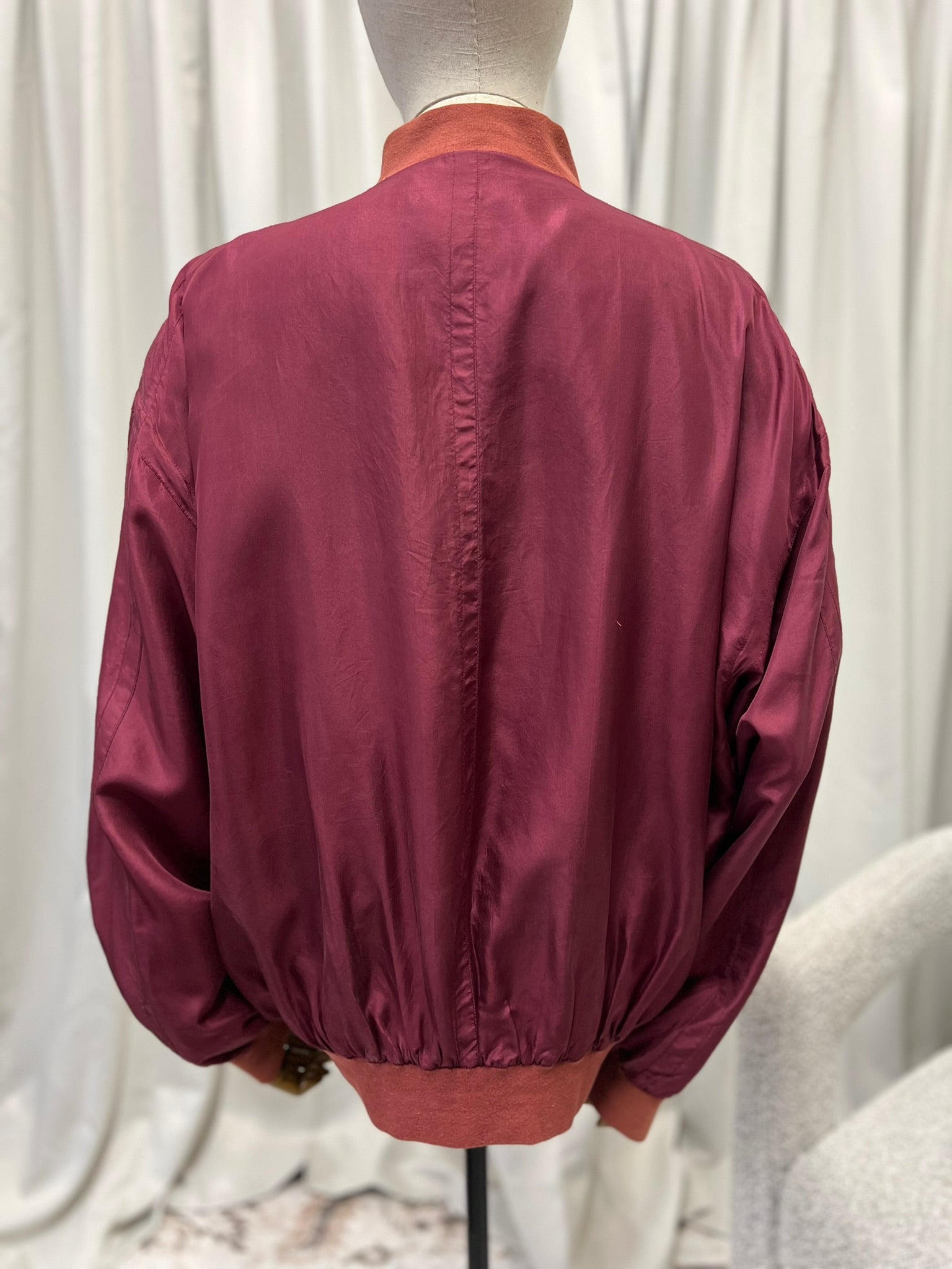 Vintage 1980s Maroon Pure Silk Bomber Jacket 100% Silk Vintage Burgundy Genuine Silk Lightweight Oversized Women's Jacket Size M