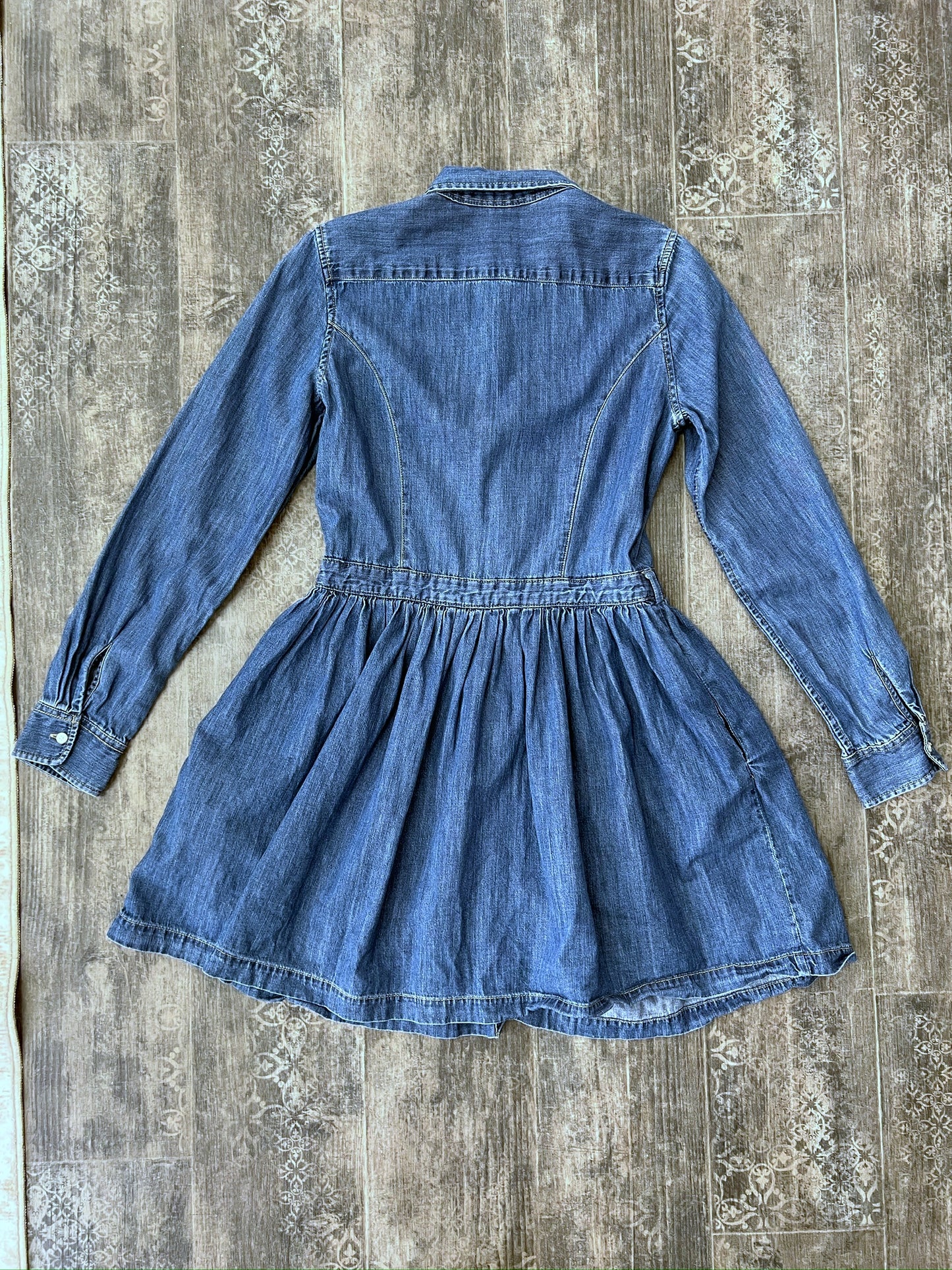Vintage Polo Ralph Lauren Blue Denim Shirt Dress Short Pleated Long Sleeve Dress