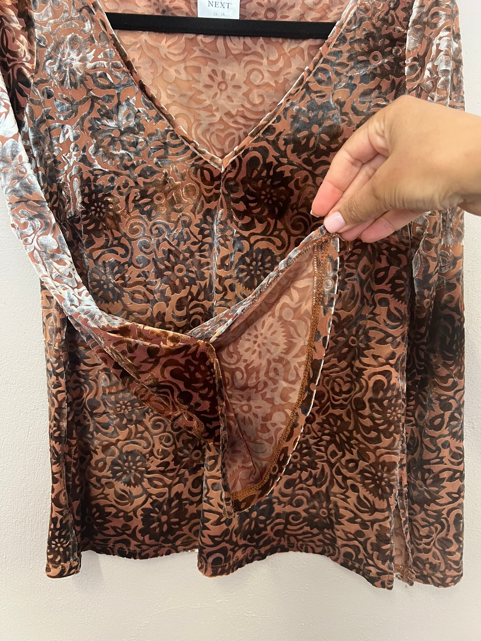 Vintage 90s Velvet Top Tan Sheer Patterned Blouse V Neck Long Sleeve with Side S