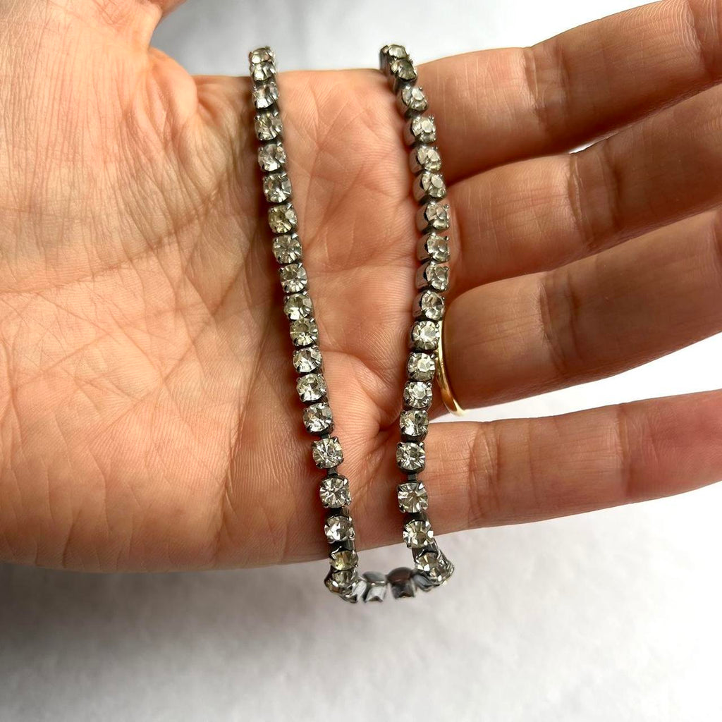 Vintage Diamanté Choker Necklace Silver Tone Skinny Tennis Classic Rhinestone Diamond Chain