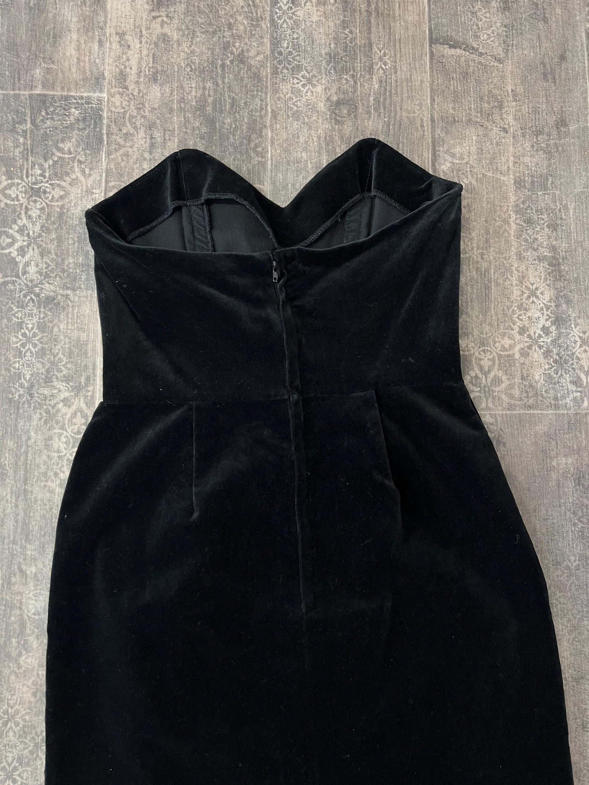 Black Velvet Strapless Dress Corseted Mini Dress Vintage 1990s Cocktail Party Dress